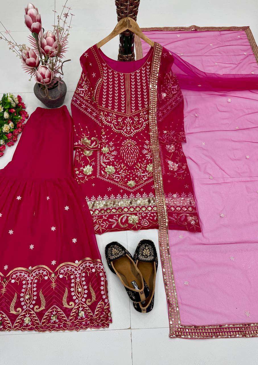 KF 1736 GEORGETTE HEAVY EMBROIDERED DESIGNER FESTIVE WEAR SHARARA SUIT