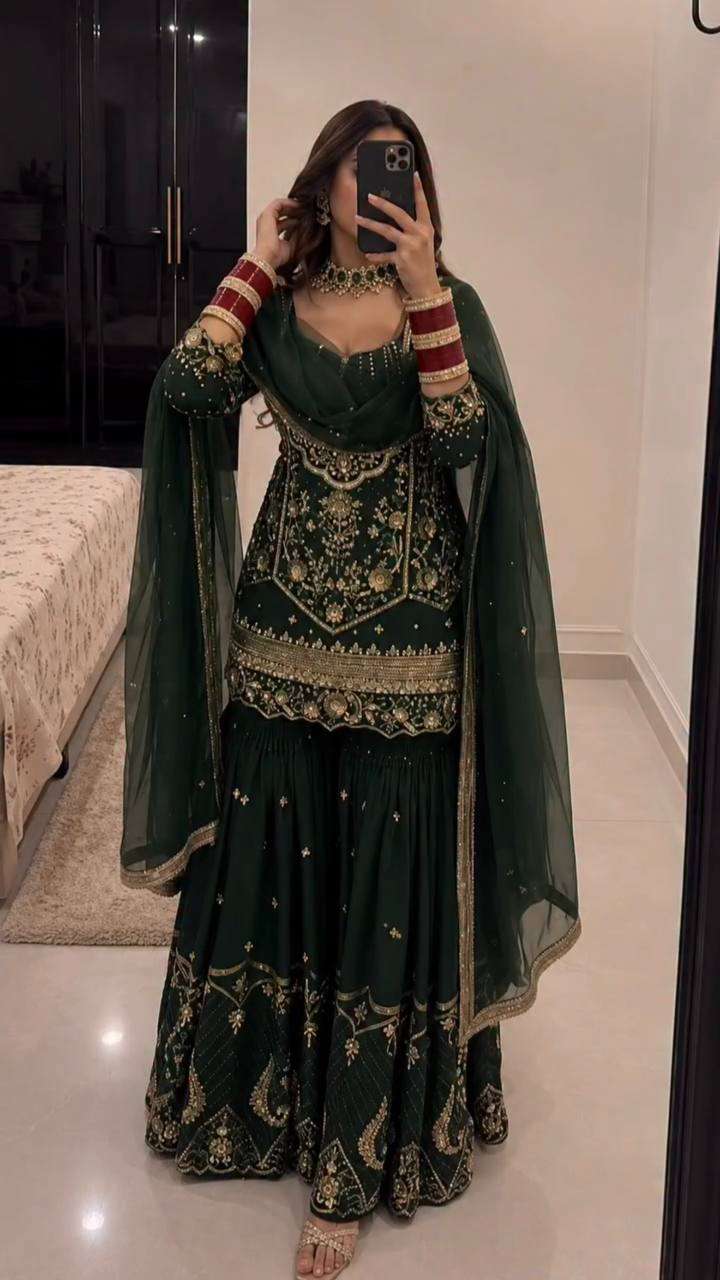 KF 1736 GEORGETTE HEAVY EMBROIDERED DESIGNER FESTIVE WEAR SHARARA SUIT
