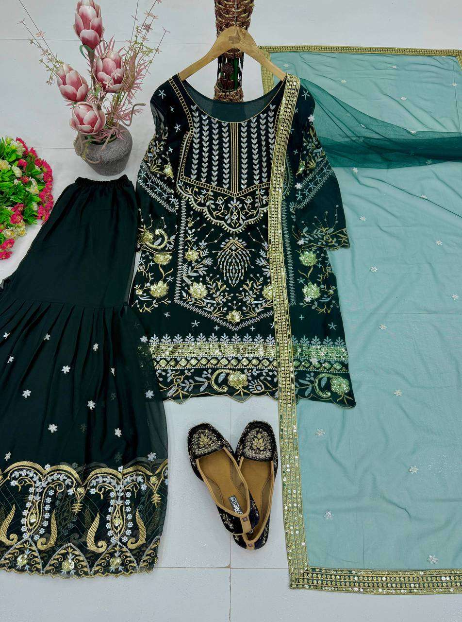 KF 1736 GEORGETTE HEAVY EMBROIDERED DESIGNER FESTIVE WEAR SHARARA SUIT