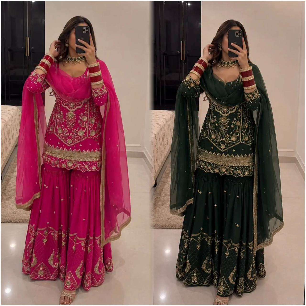 KF 1736 GEORGETTE HEAVY EMBROIDERED DESIGNER FESTIVE WEAR SHARARA SUIT