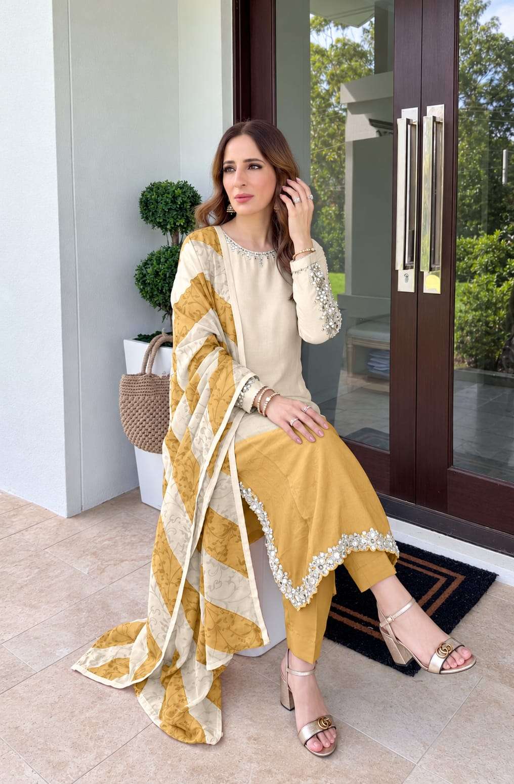KHAS FASHION D NO 163 TWO TONE SATIN FABRIC BEAUTIFUL DESIGNER WORK READY MADE PAKISTANI SUIT 