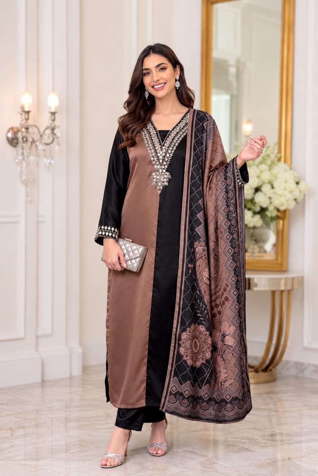 KHAS FASHION D NO 170 SATIN EMBROIDERY DESIGNER WORKED READY MADE PAKISTANI SUIT