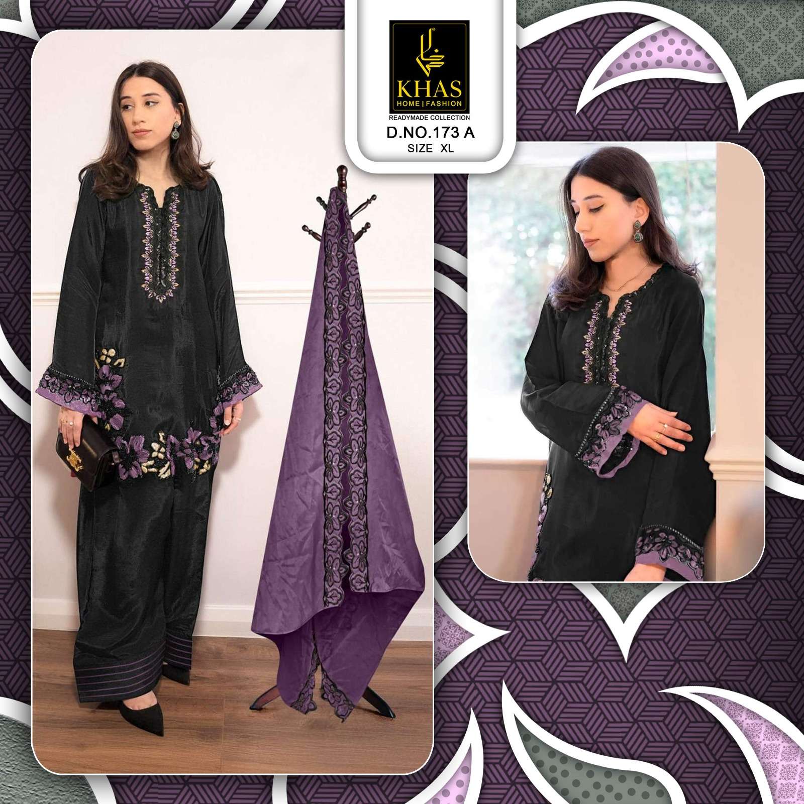 KHAS FASHION D NO 173 SATIN EMBROIDERY DESIGNER READY MADE PAKISTANI SUIT