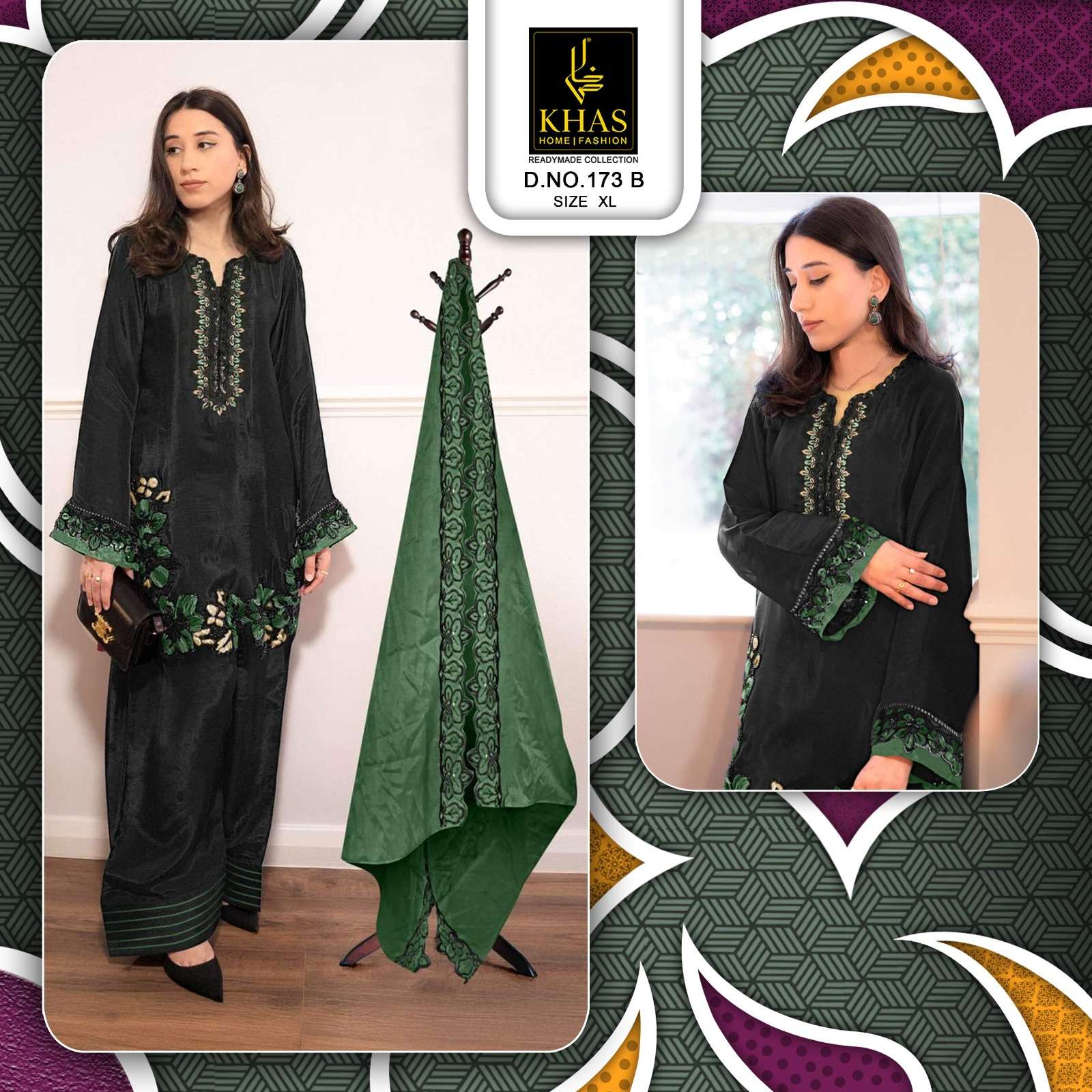 KHAS FASHION D NO 173 SATIN EMBROIDERY DESIGNER READY MADE PAKISTANI SUIT