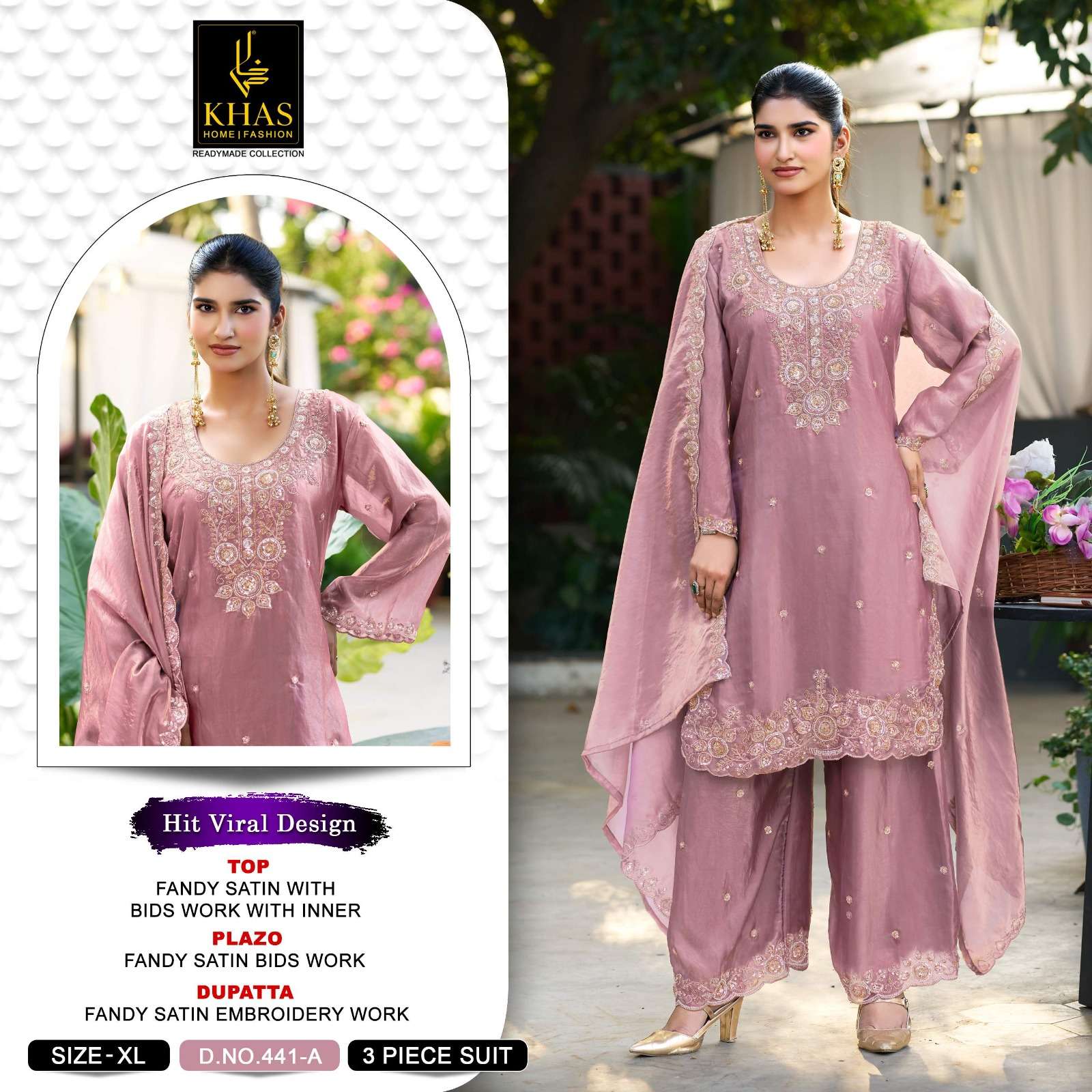KHAS FASHION D NO 441 SATIN EMBROIDERED DESIGNER READY MADE PAKISTANI SUIT 