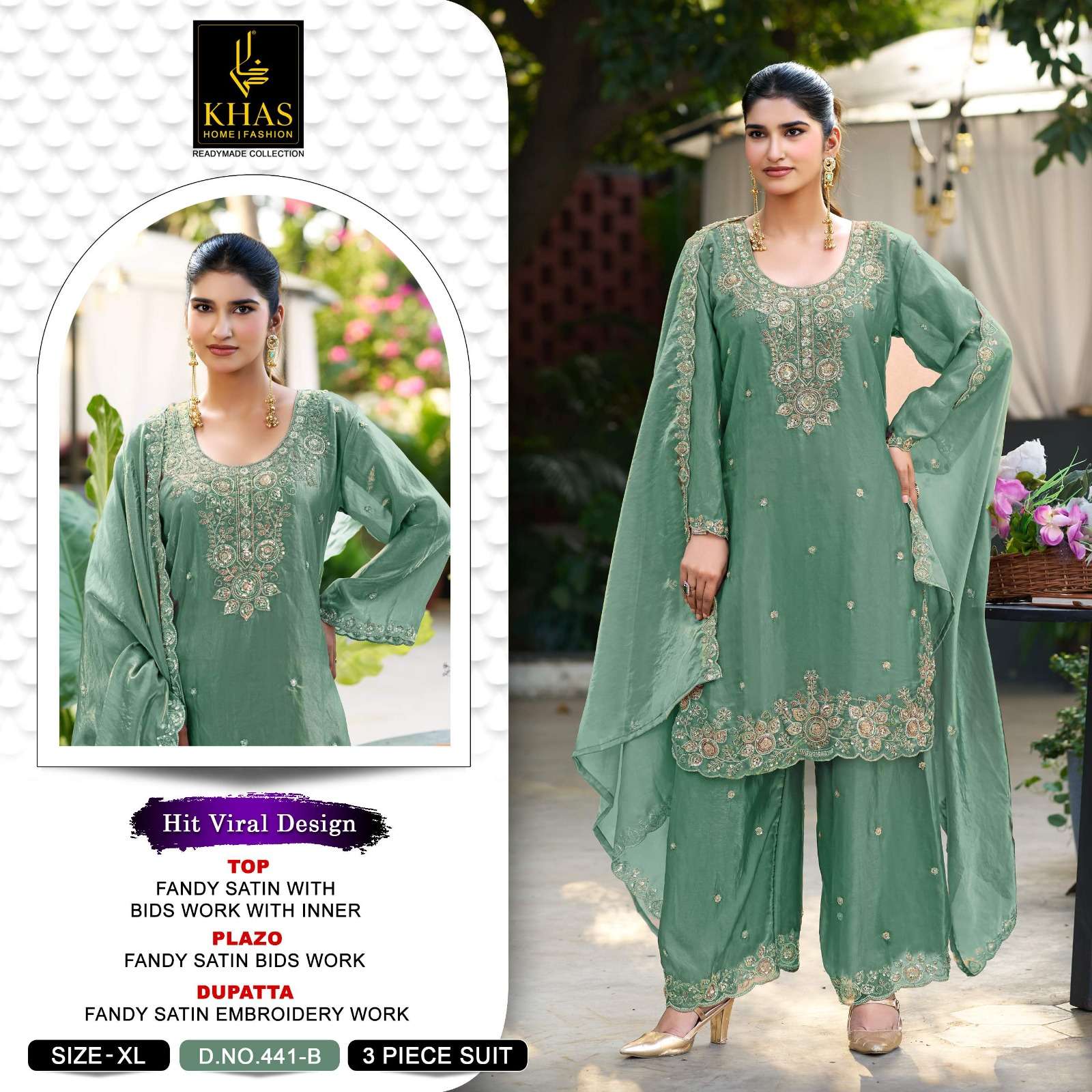 KHAS FASHION D NO 441 SATIN EMBROIDERED DESIGNER READY MADE PAKISTANI SUIT 