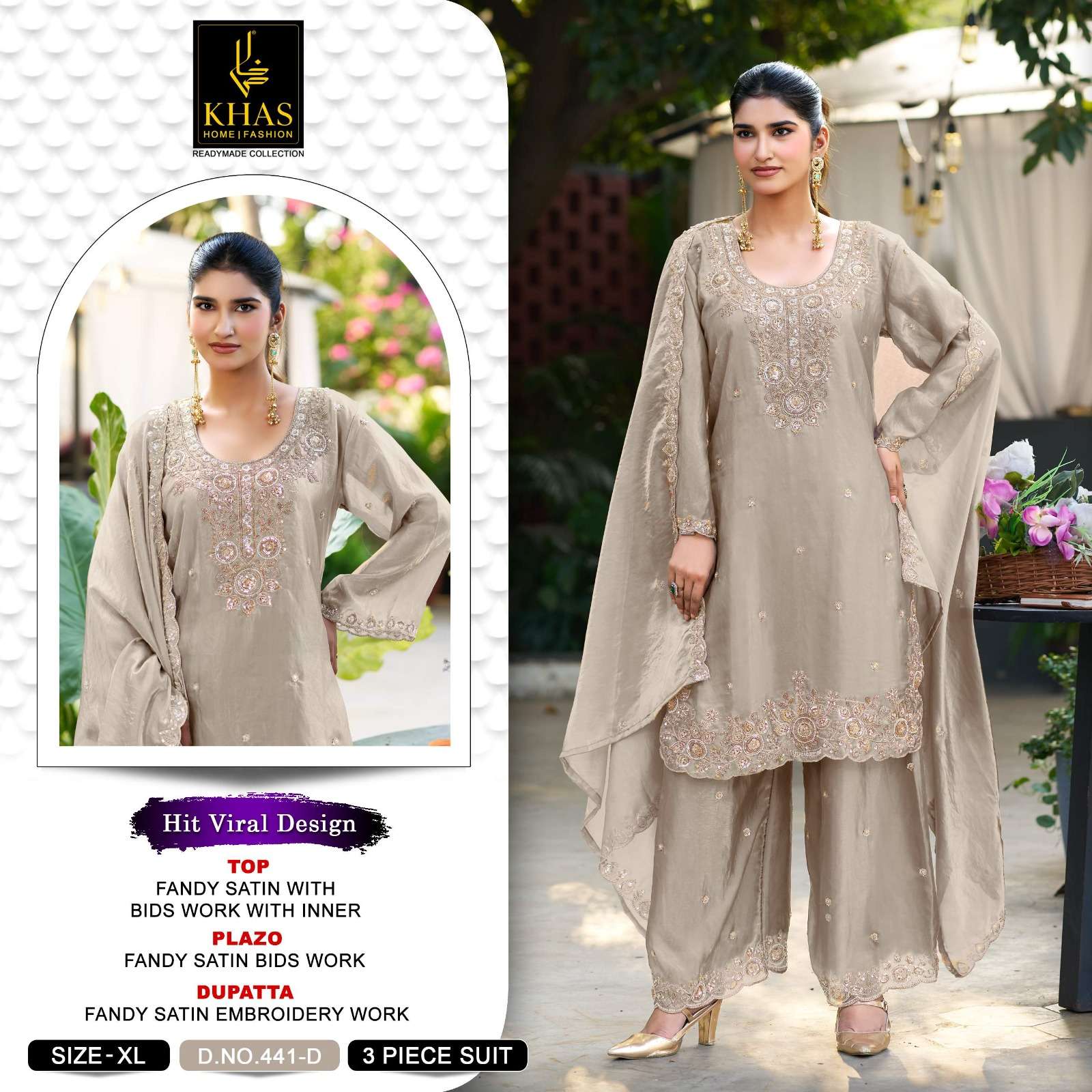 KHAS FASHION D NO 441 SATIN EMBROIDERED DESIGNER READY MADE PAKISTANI SUIT 