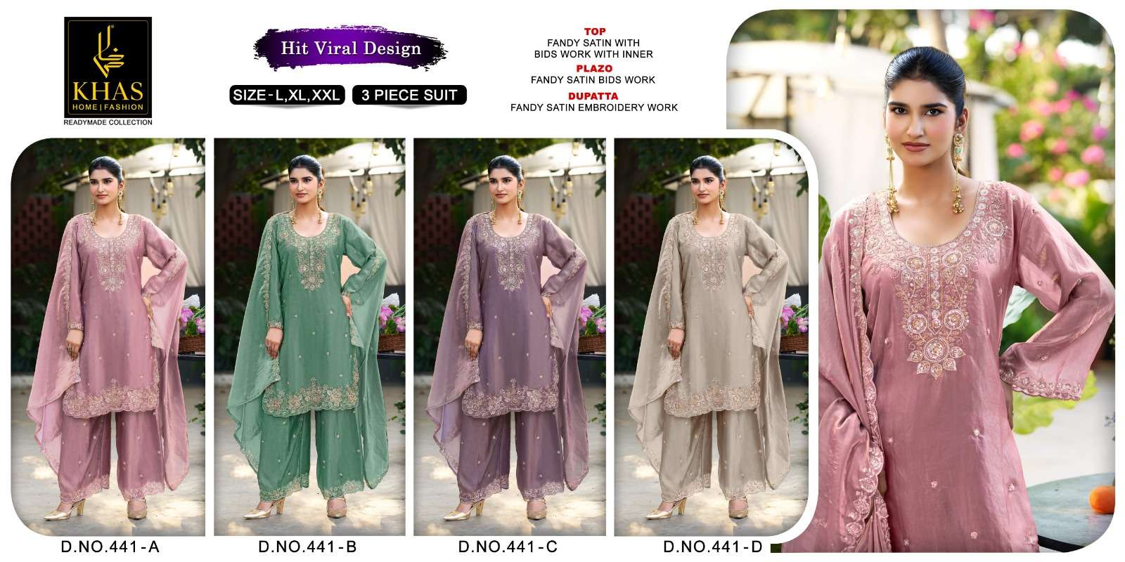 KHAS FASHION D NO 441 SATIN EMBROIDERED DESIGNER READY MADE PAKISTANI SUIT 