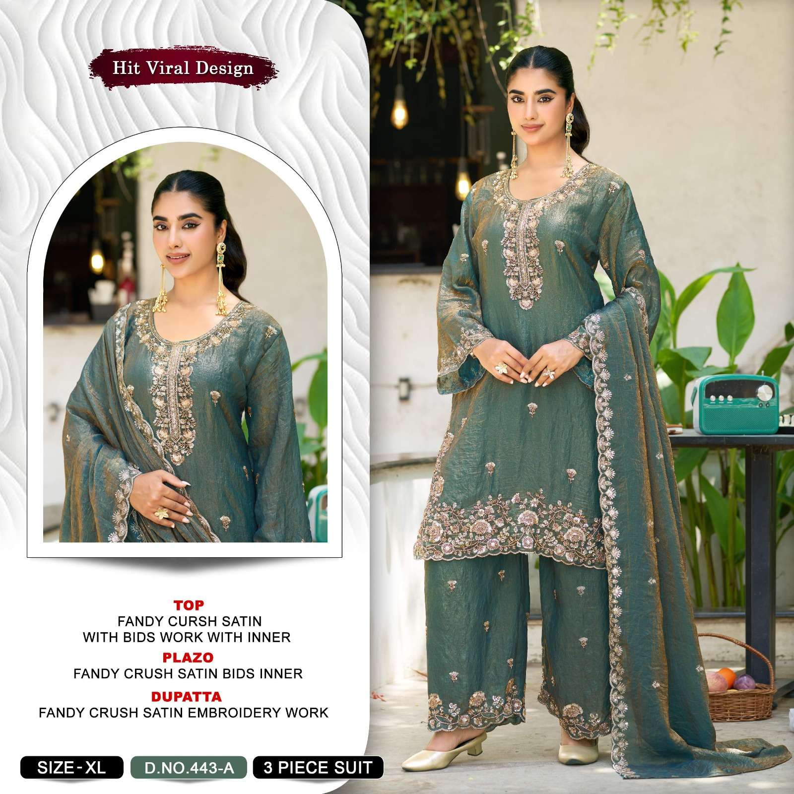 KHAS FASHION D NO 443 SATIN EMBROIDERED DESIGNER WORKED READY MADE SUIT