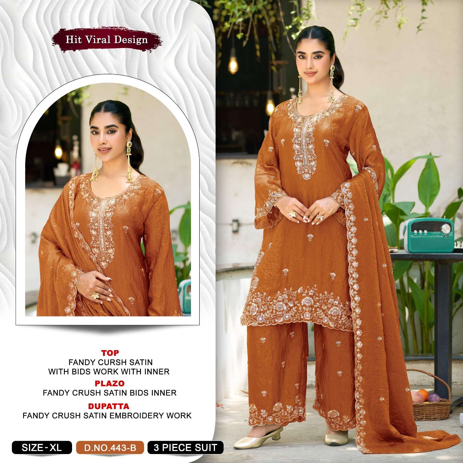 KHAS FASHION D NO 443 SATIN EMBROIDERED DESIGNER WORKED READY MADE SUIT