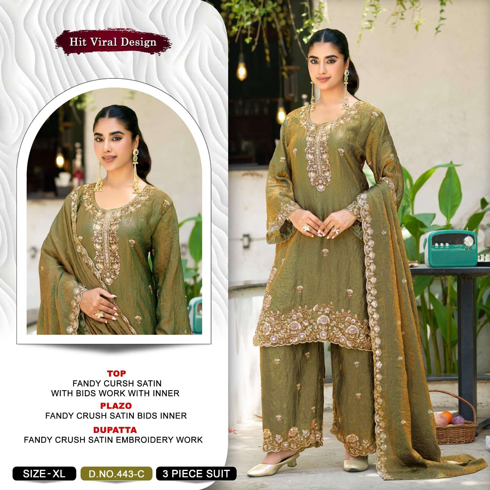 KHAS FASHION D NO 443 SATIN EMBROIDERED DESIGNER WORKED READY MADE SUIT