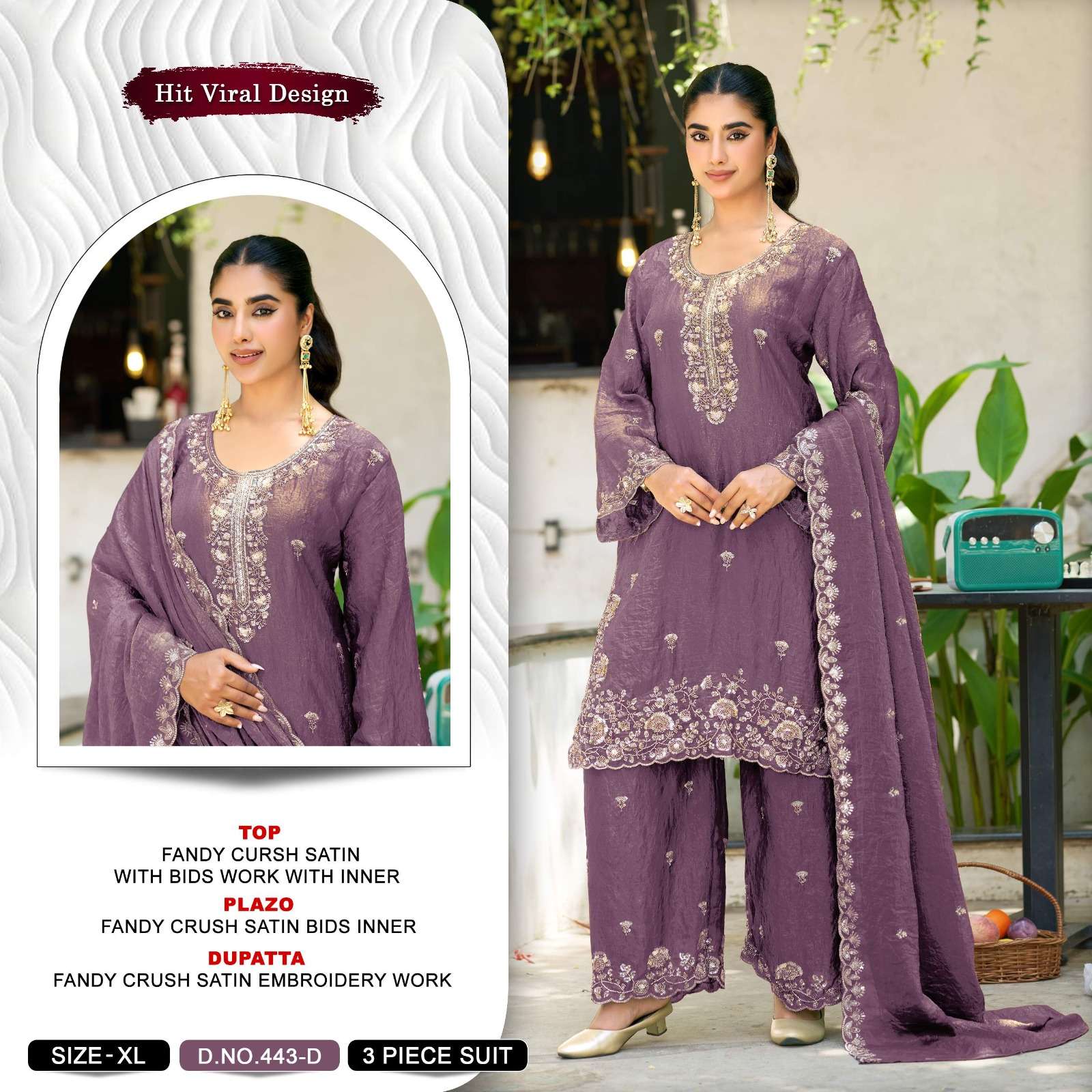 KHAS FASHION D NO 443 SATIN EMBROIDERED DESIGNER WORKED READY MADE SUIT