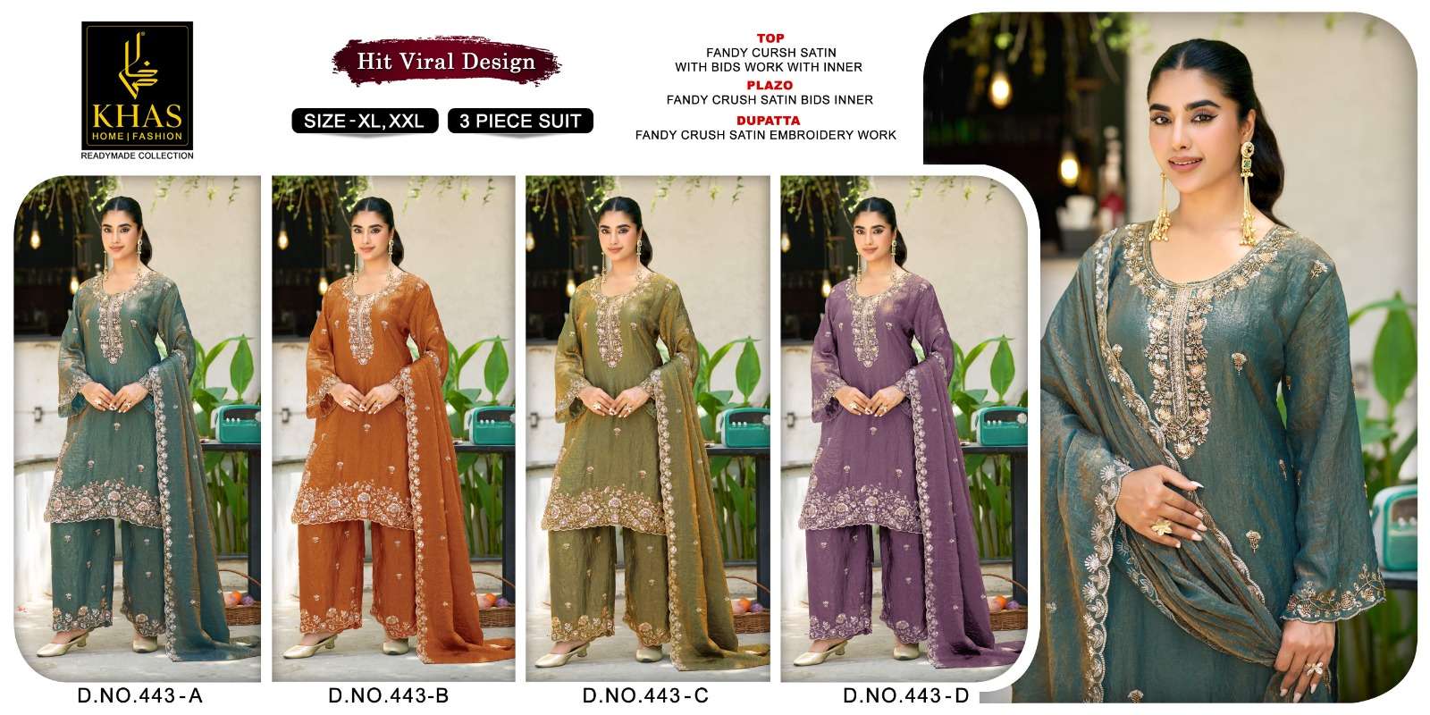 KHAS FASHION D NO 443 SATIN EMBROIDERED DESIGNER WORKED READY MADE SUIT