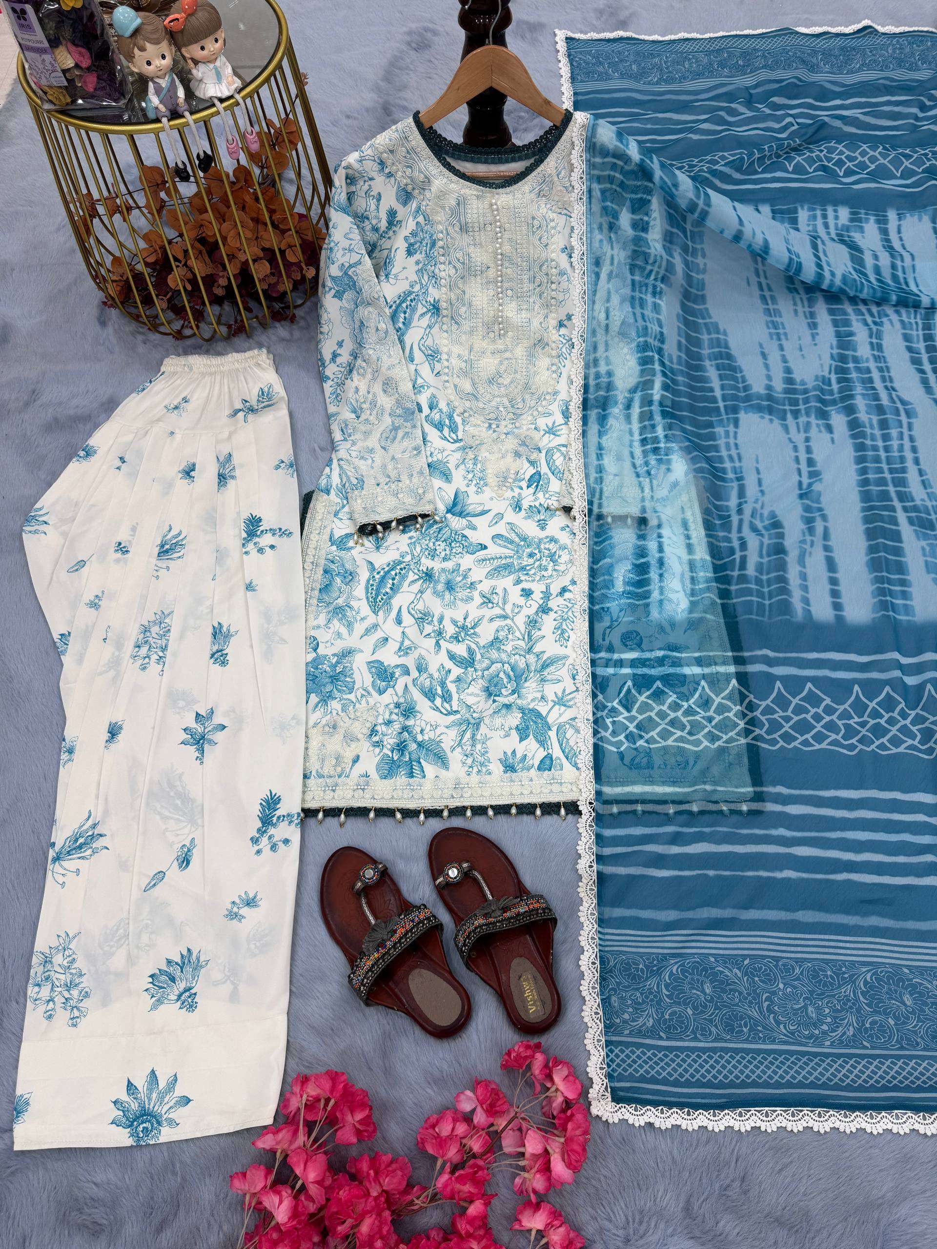 LADY LOOK 010 CREPE DESIGNER WORK PARTY WEAR LADIES TOP FARSHI PLAZZO AND DUPATTA SET 