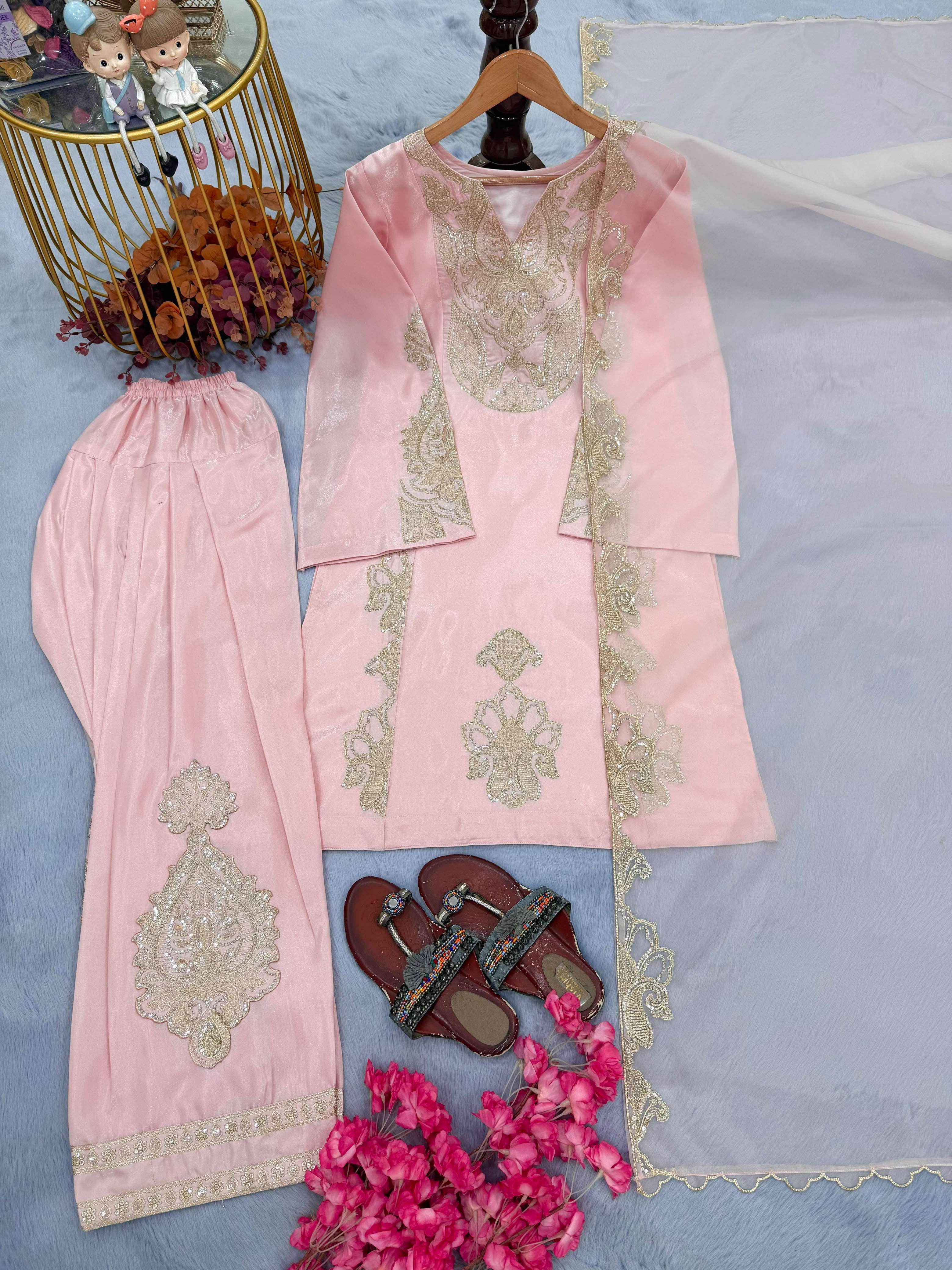 LADY LOOK 058 SILK PARTY WEAR DESIGNER LOOK TOP FARSHI PLAZZO AND DUPATTA 3 PCS SET 