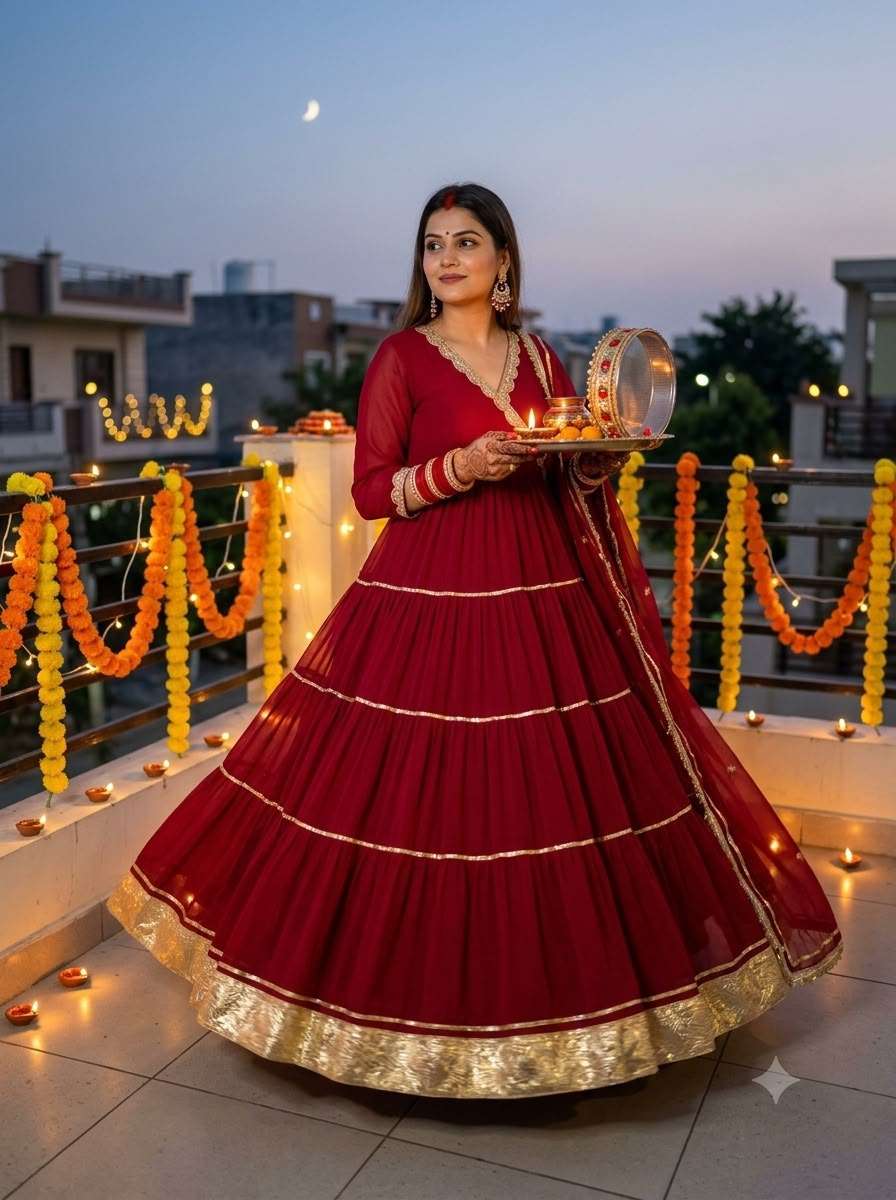 LG 2154 GEORGETTE SEQUENCE EMBROIDERY DESIGNER WORK ANGARKHA STYLED RED FULL FLAIRED GOWN WITH DUPATTA 