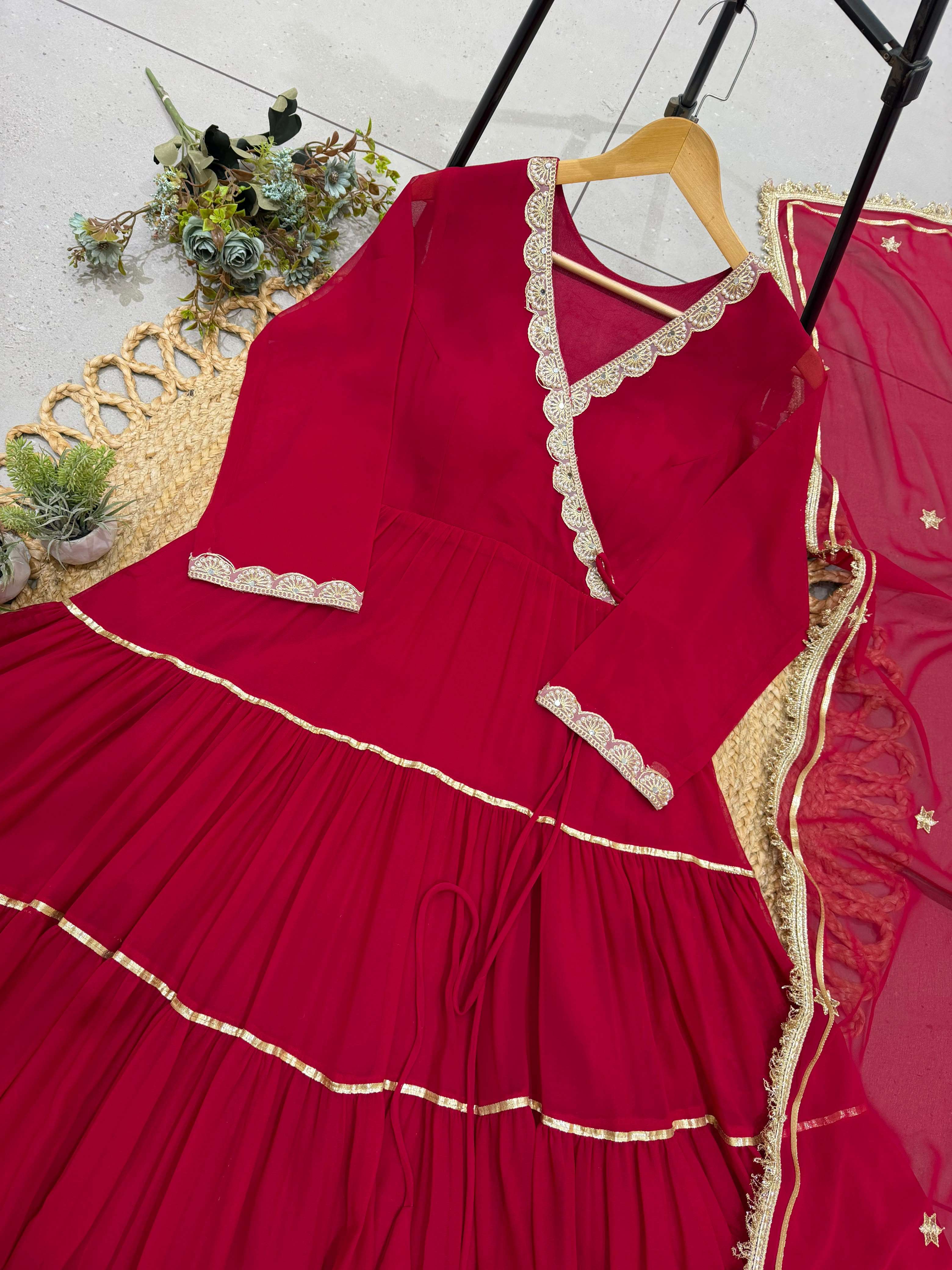 LG 2154 GEORGETTE SEQUENCE EMBROIDERY DESIGNER WORK ANGARKHA STYLED RED FULL FLAIRED GOWN WITH DUPATTA 