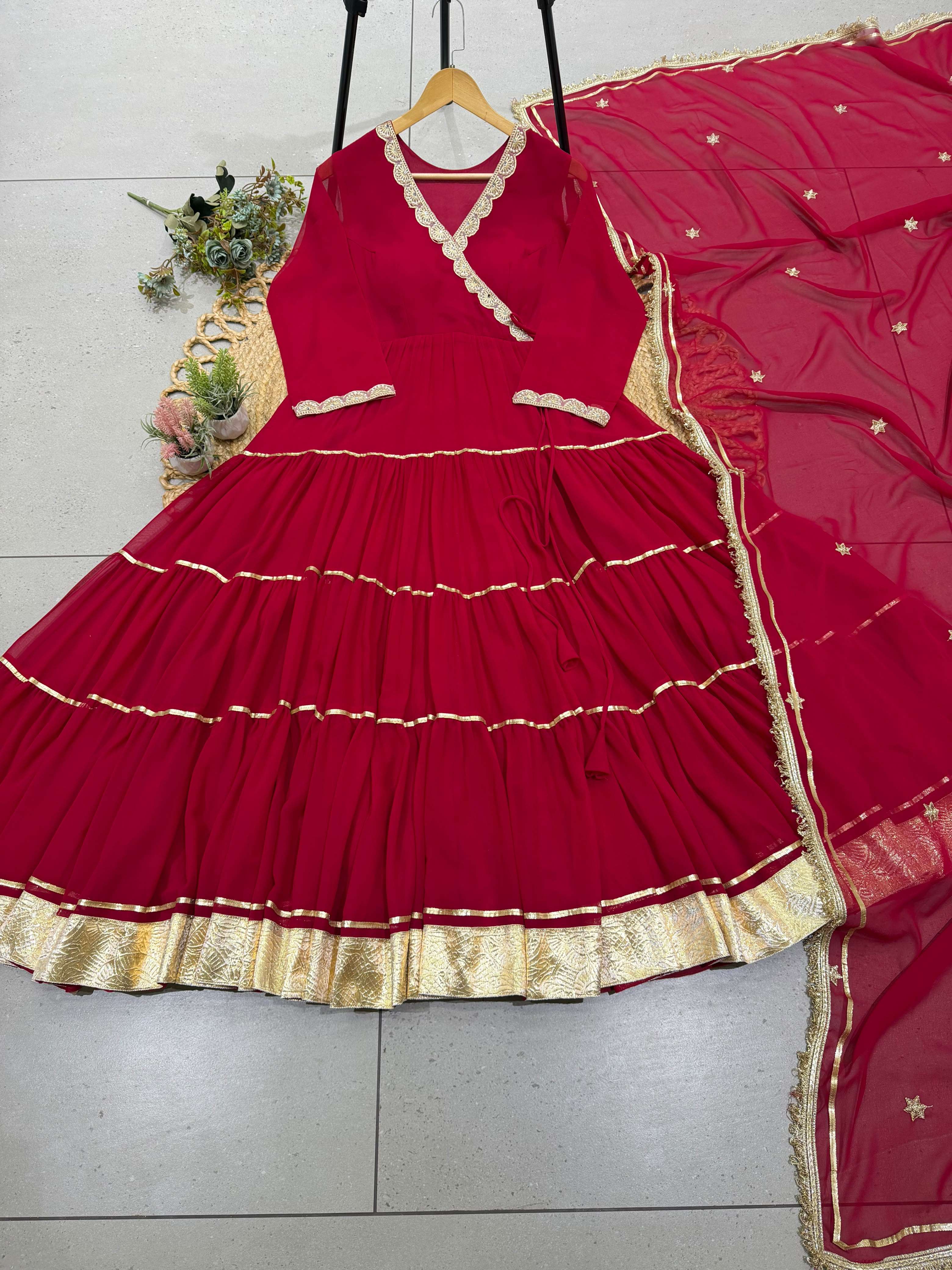 LG 2154 GEORGETTE SEQUENCE EMBROIDERY DESIGNER WORK ANGARKHA STYLED RED FULL FLAIRED GOWN WITH DUPATTA 