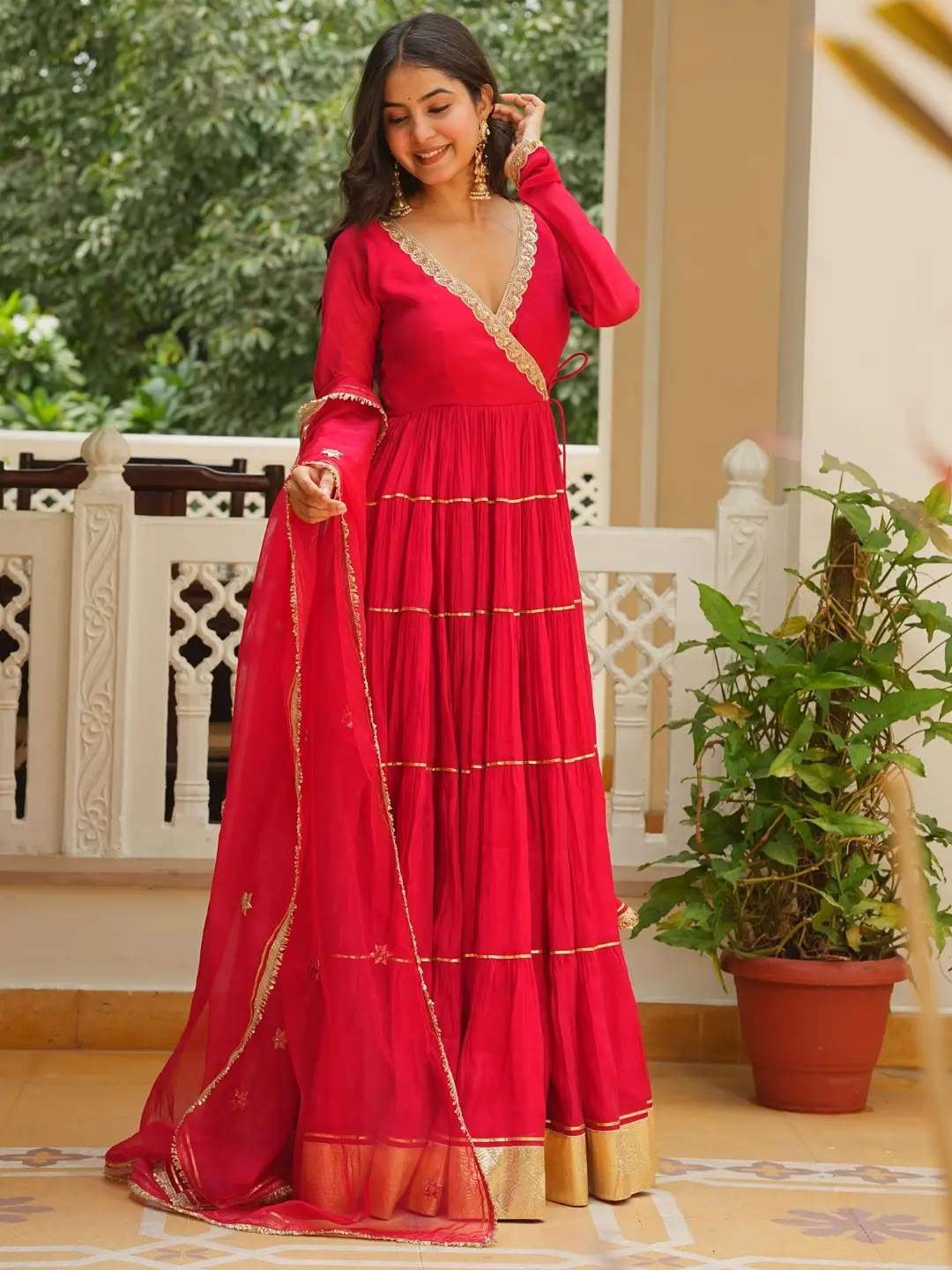 LG 2154 GEORGETTE SEQUENCE EMBROIDERY DESIGNER WORK ANGARKHA STYLED RED FULL FLAIRED GOWN WITH DUPATTA 