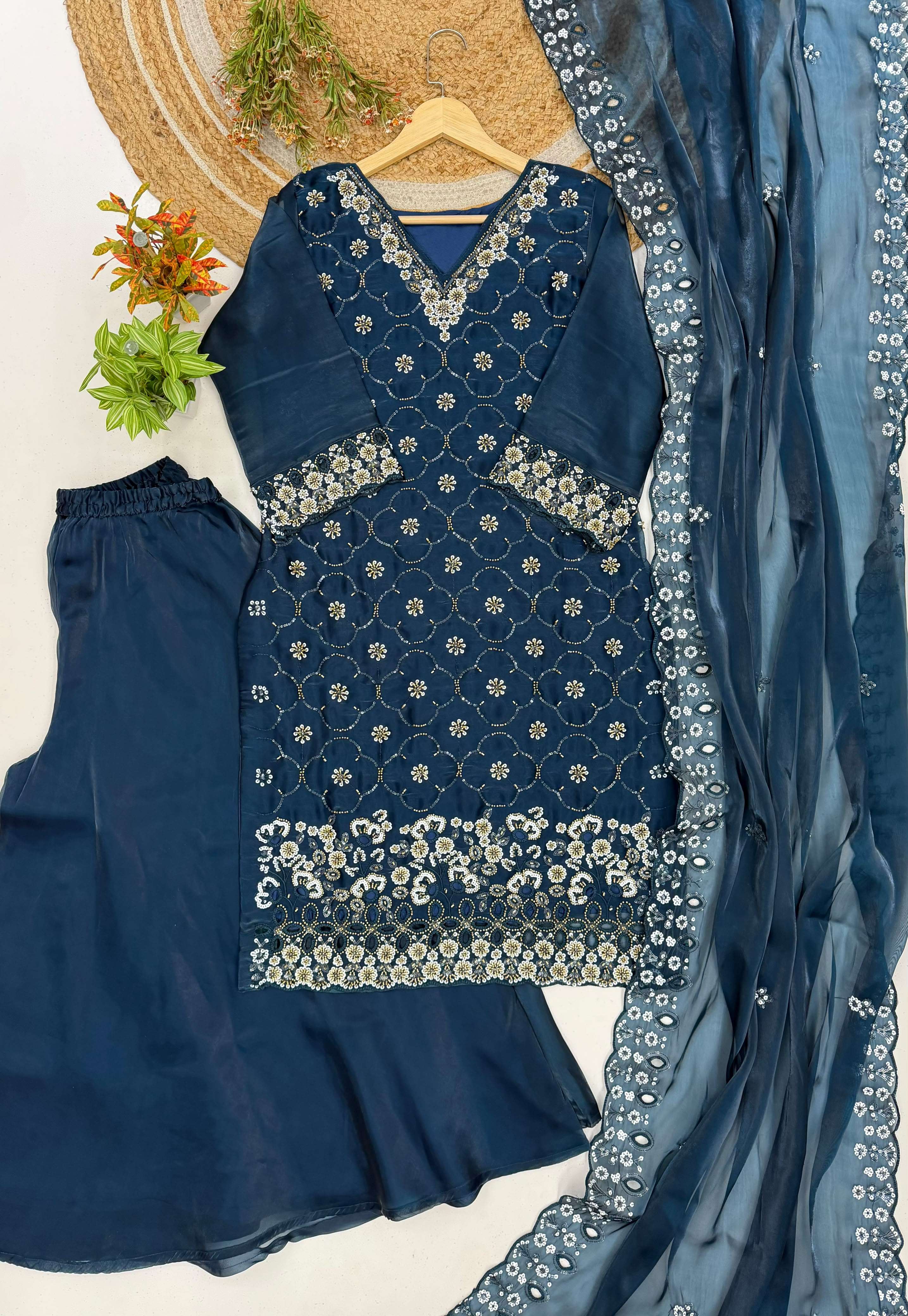 LG 23 SILK SEQUENCE EMBROIDERY DESIGNER WORK FESTIVE WEAR LADIES SUIT 