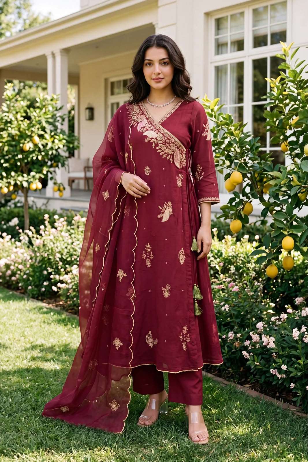 LM 42 CHANDERI FABRICS BEAUTIFUL DESIGNER ANGARKHA STYLE LADIES FESTIVE WEAR 3PCS SET COLLECTION 