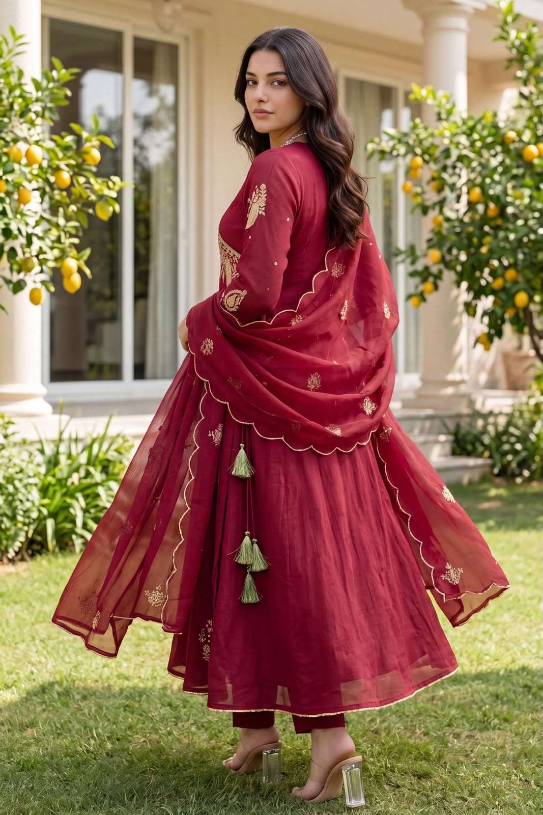LM 42 CHANDERI FABRICS BEAUTIFUL DESIGNER ANGARKHA STYLE LADIES FESTIVE WEAR 3PCS SET COLLECTION 