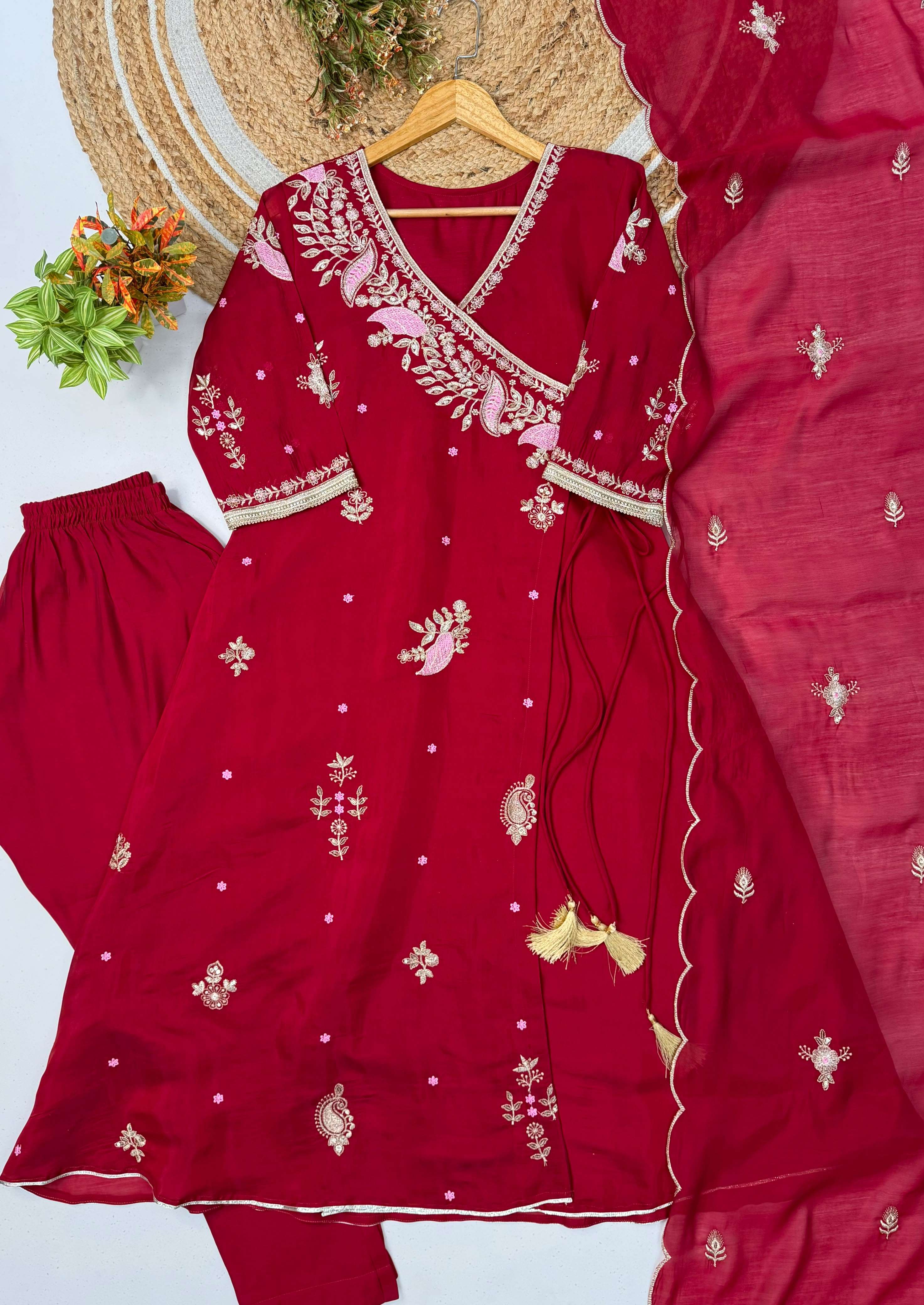 LM 42 CHANDERI FABRICS BEAUTIFUL DESIGNER ANGARKHA STYLE LADIES FESTIVE WEAR 3PCS SET COLLECTION 