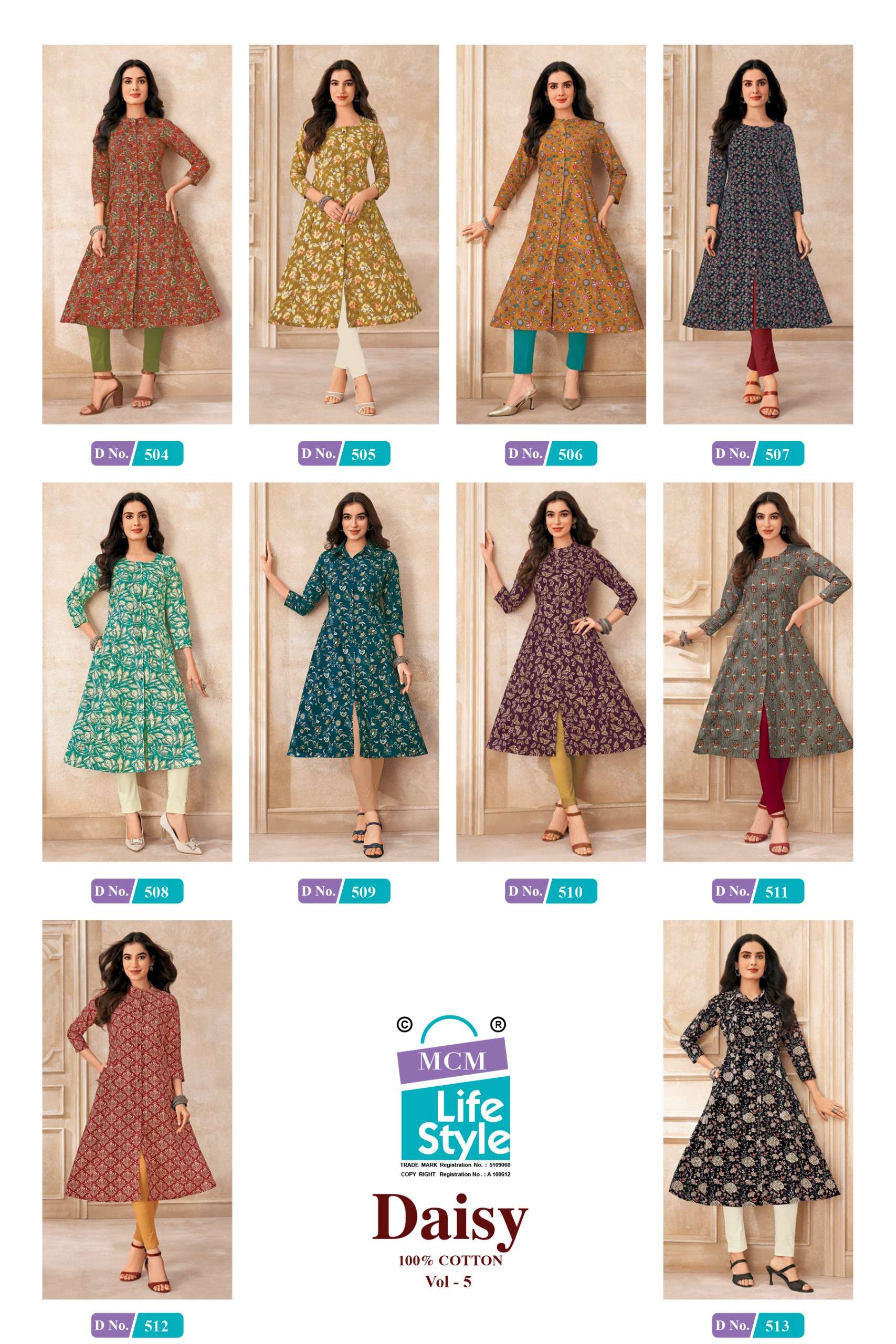 MCM LIFESTYLE DAISY VOL 5 COTTON PRINTED A LINE PATTERNS LADIES KURTI 