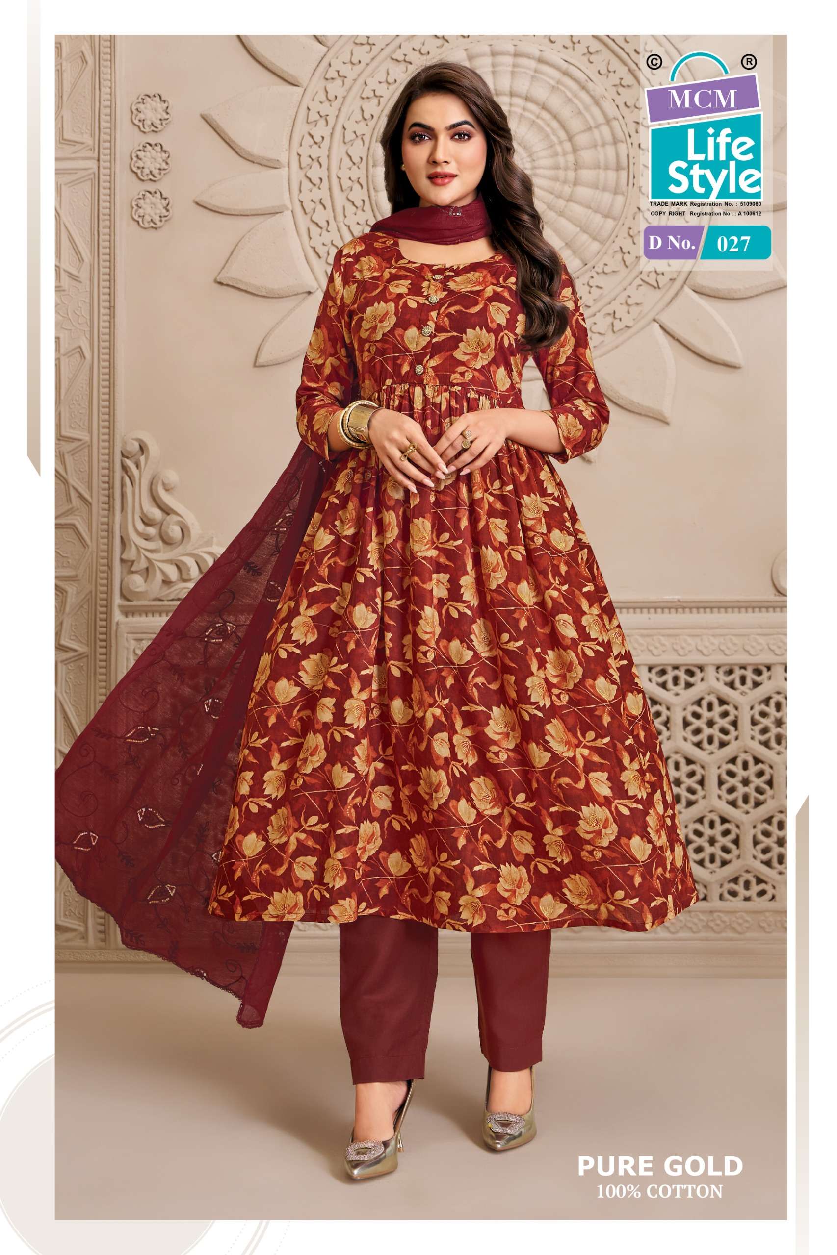 MCM LIFESTYLE PURE GOLD VOL 2 COTTON PRINTED FROCK STYLE TOP PANT WITH DUPATTA SET 