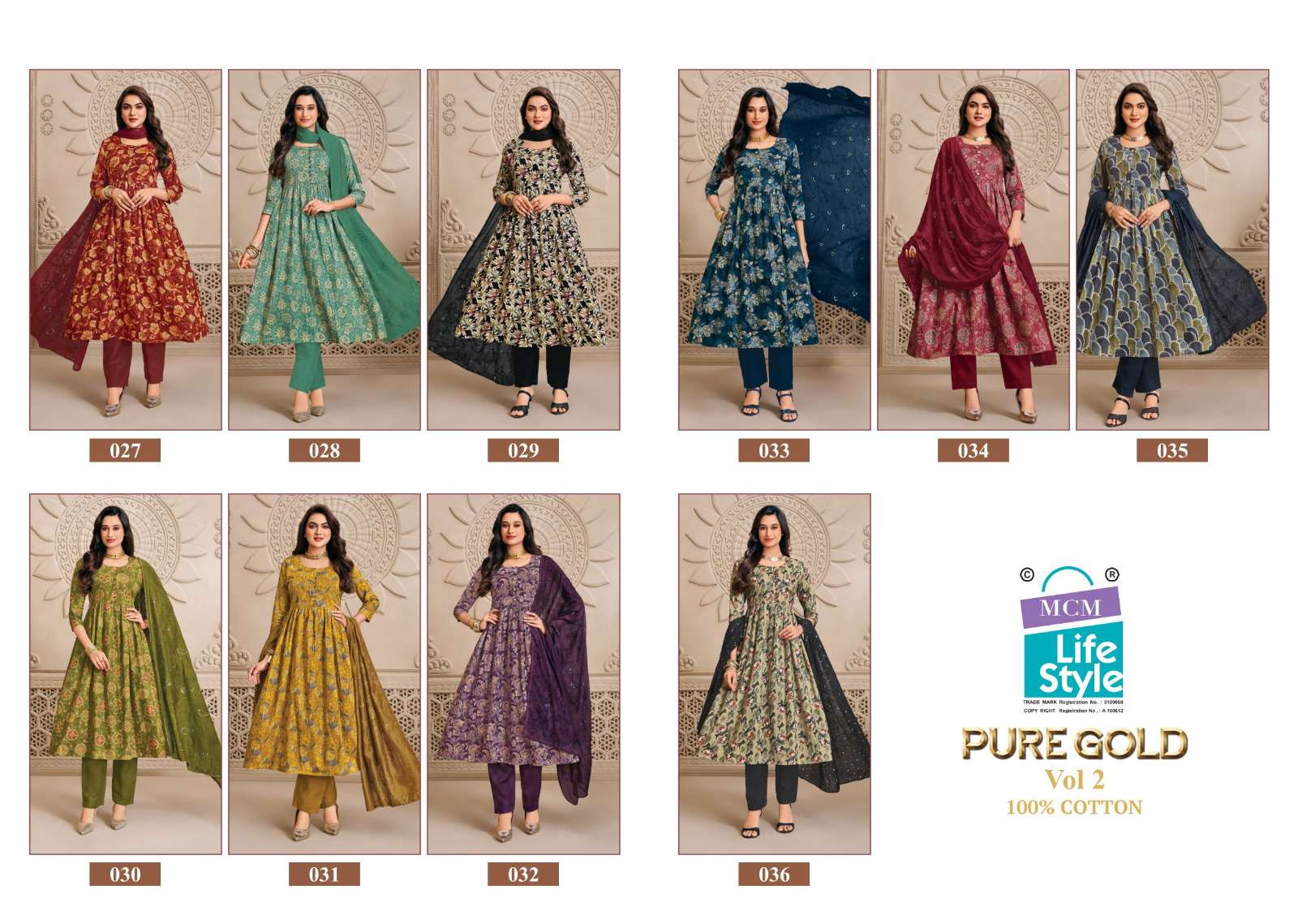 MCM LIFESTYLE PURE GOLD VOL 2 COTTON PRINTED FROCK STYLE TOP PANT WITH DUPATTA SET 