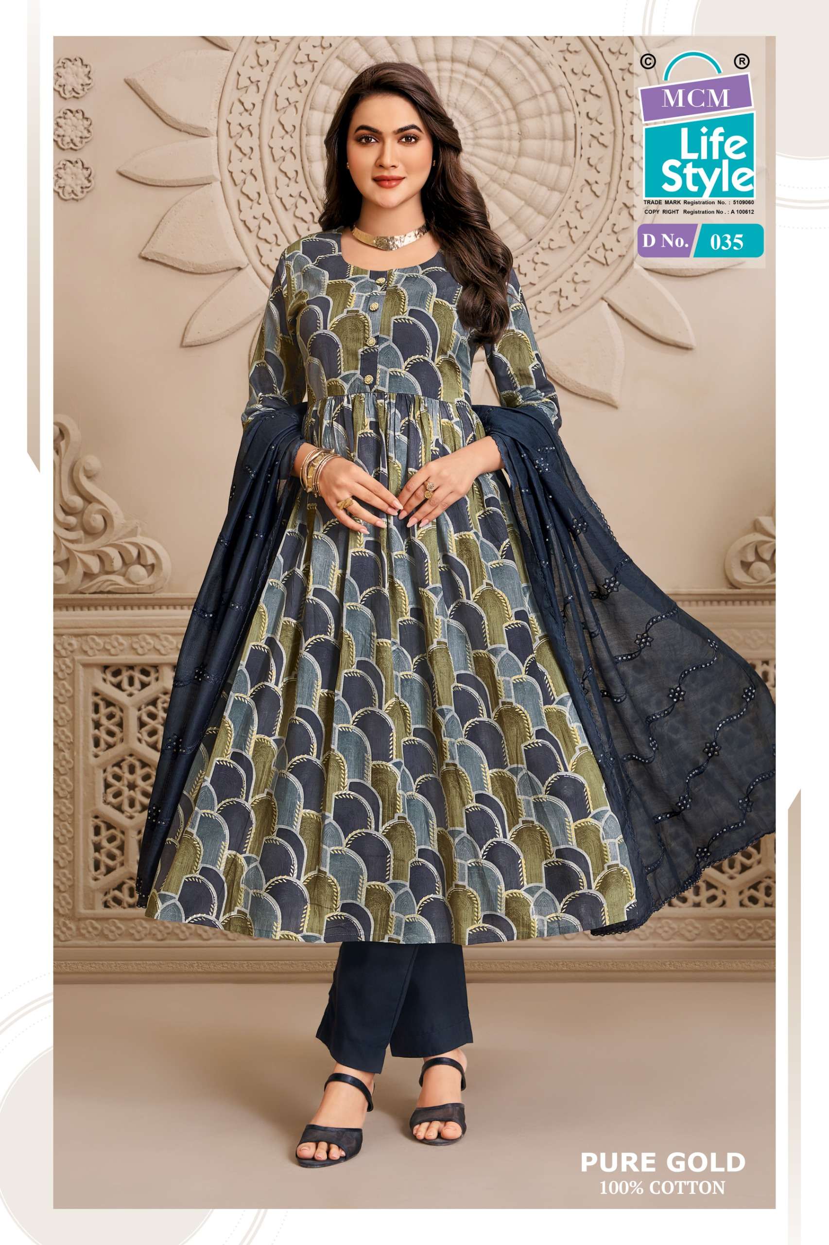 MCM LIFESTYLE PURE GOLD VOL 2 COTTON PRINTED FROCK STYLE TOP PANT WITH DUPATTA SET 