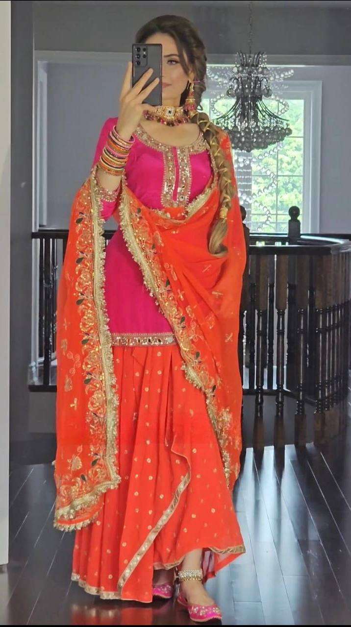 MD 3023 SILK DESIGNER FESTIVE WEAR LADIES TOP DHOTI SKIRT AND DUPATTA SET 
