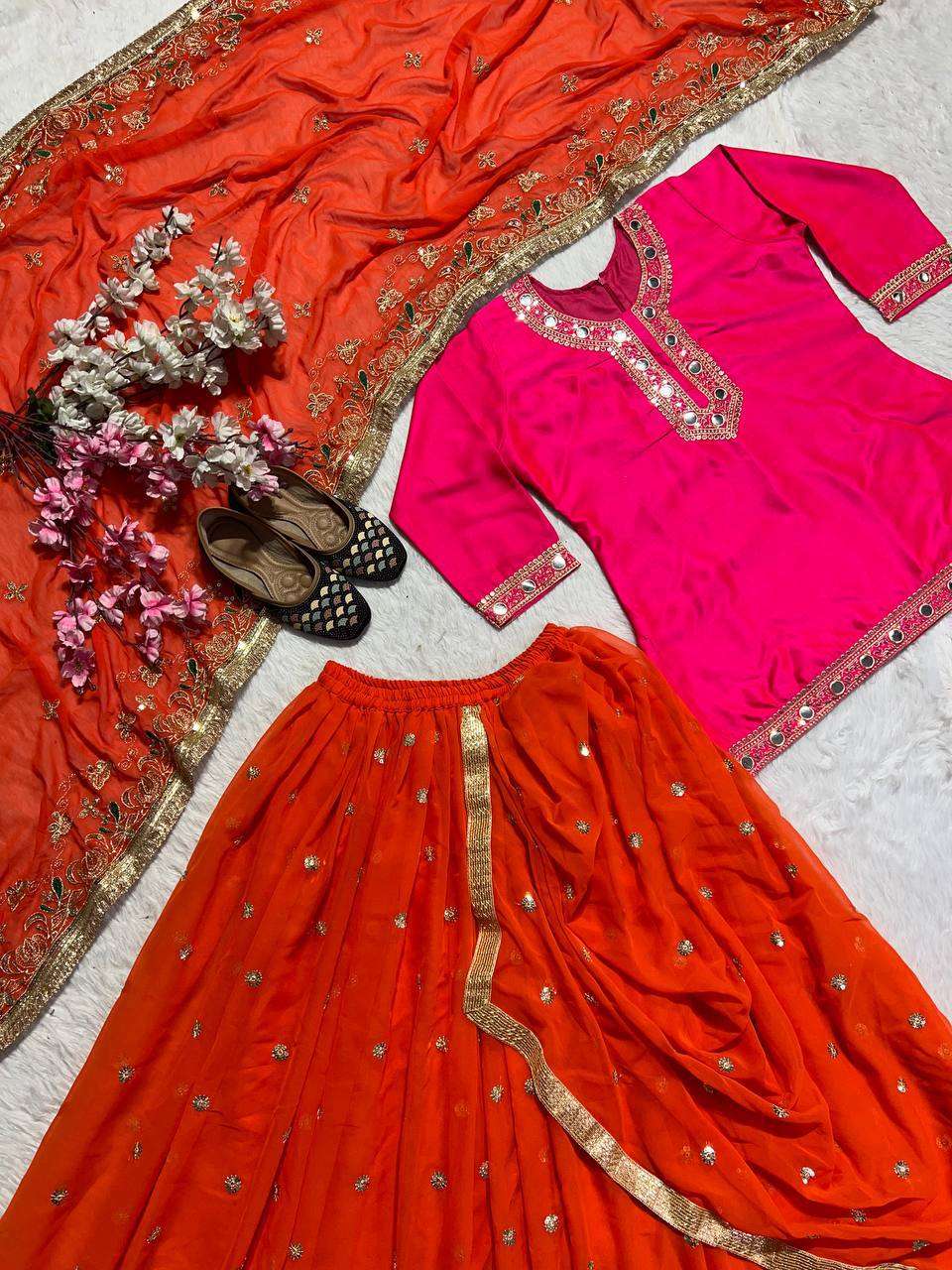 MD 3023 SILK DESIGNER FESTIVE WEAR LADIES TOP DHOTI SKIRT AND DUPATTA SET 
