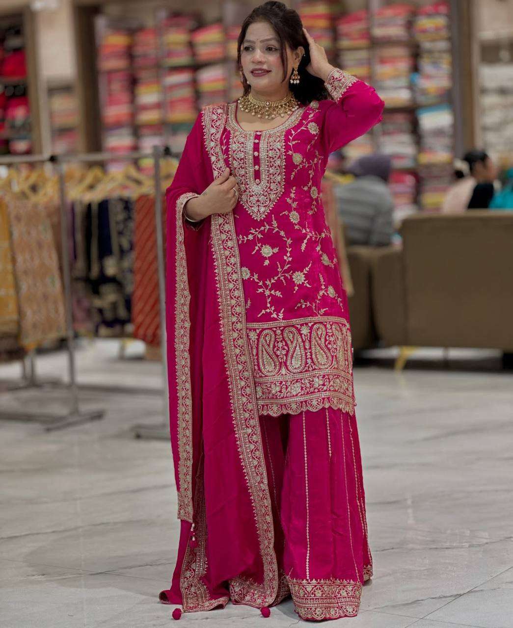 MD 3074 SILK DESIGNER PARTY WEAR LOOK LADIES TOP SHARARA PLAZZO AND DUPATTA SET 