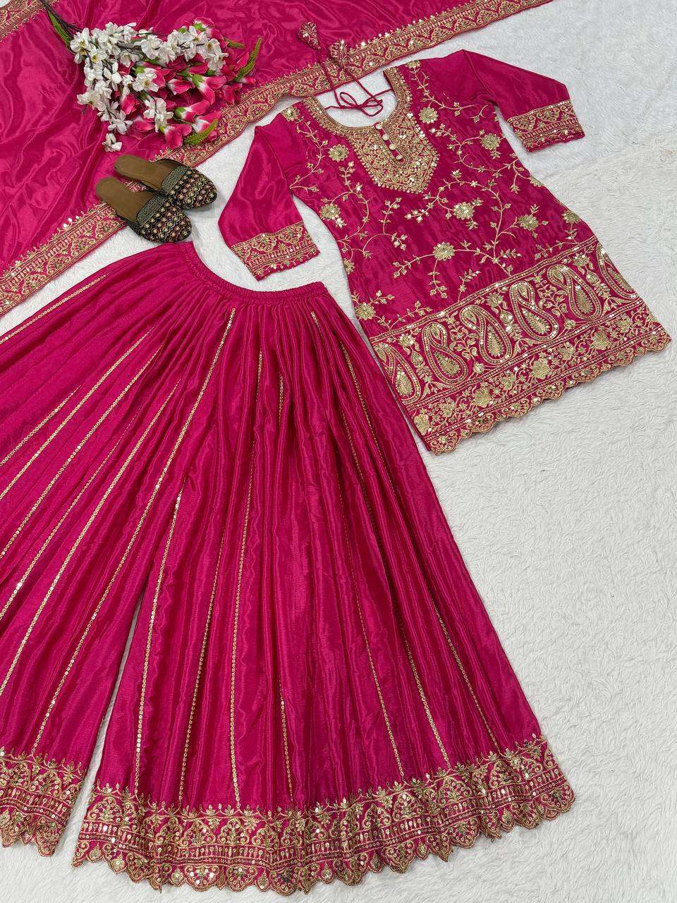 MD 3074 SILK DESIGNER PARTY WEAR LOOK LADIES TOP SHARARA PLAZZO AND DUPATTA SET 