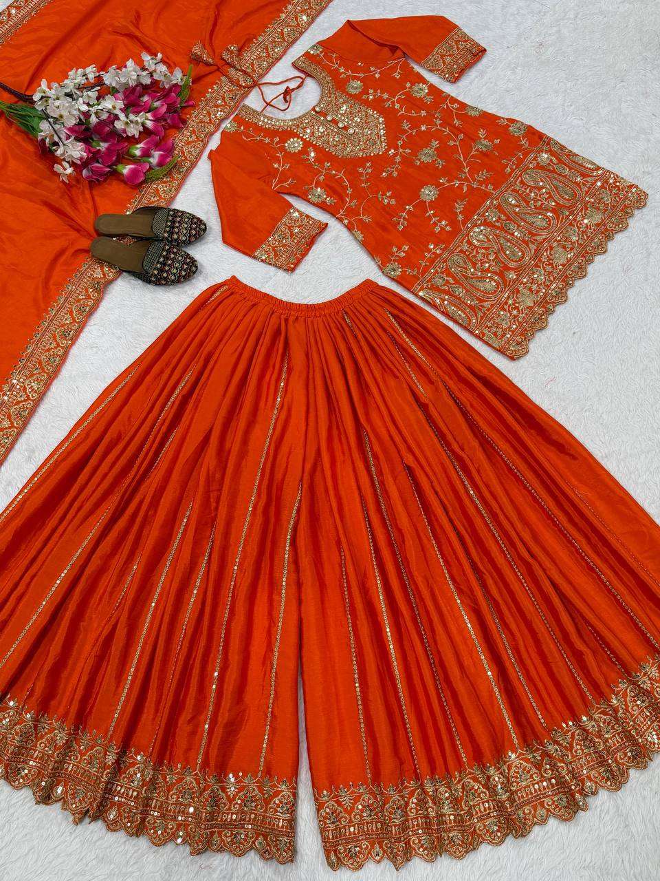 MD 3074 SILK DESIGNER PARTY WEAR LOOK LADIES TOP SHARARA PLAZZO AND DUPATTA SET 