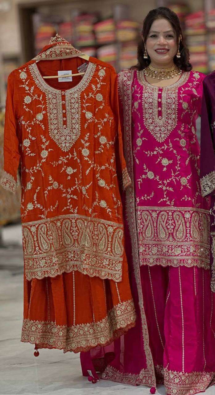 MD 3074 SILK DESIGNER PARTY WEAR LOOK LADIES TOP SHARARA PLAZZO AND DUPATTA SET 