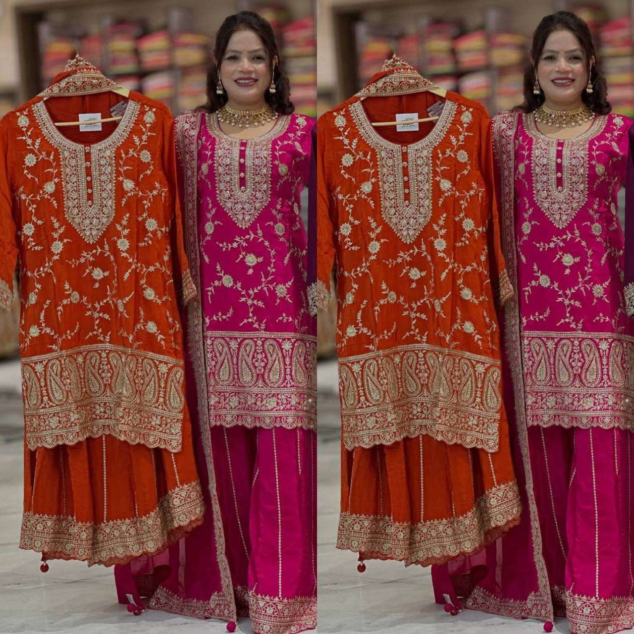 MD 3074 SILK DESIGNER PARTY WEAR LOOK LADIES TOP SHARARA PLAZZO AND DUPATTA SET 