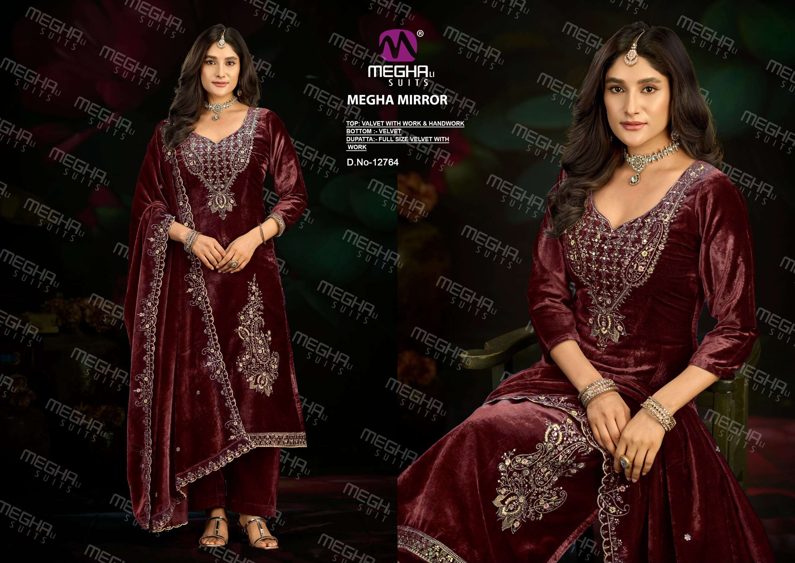 MEGHA SUITS MIRROR VELVET HEAVY DESIGNER WORKED SUIT