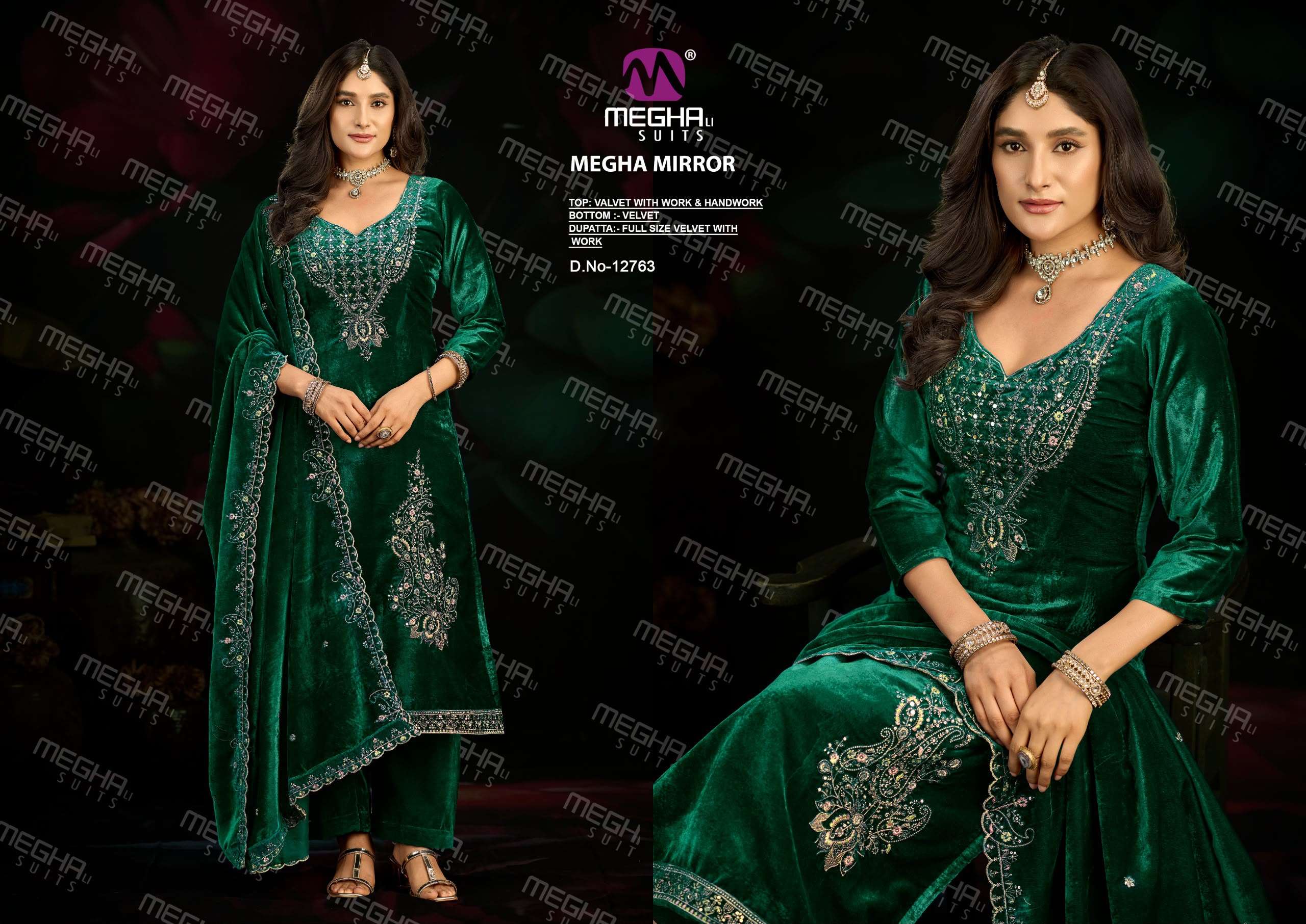 MEGHA SUITS MIRROR VELVET HEAVY DESIGNER WORKED SUIT
