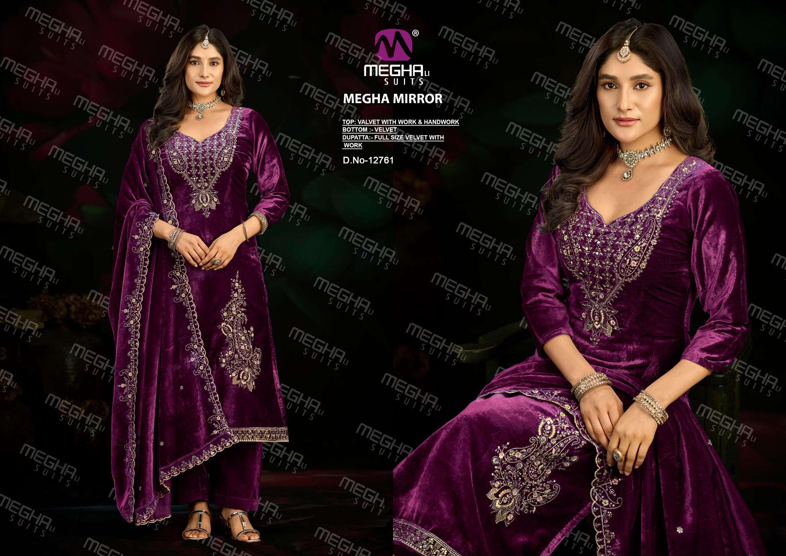 MEGHA SUITS MIRROR VELVET HEAVY DESIGNER WORKED SUIT