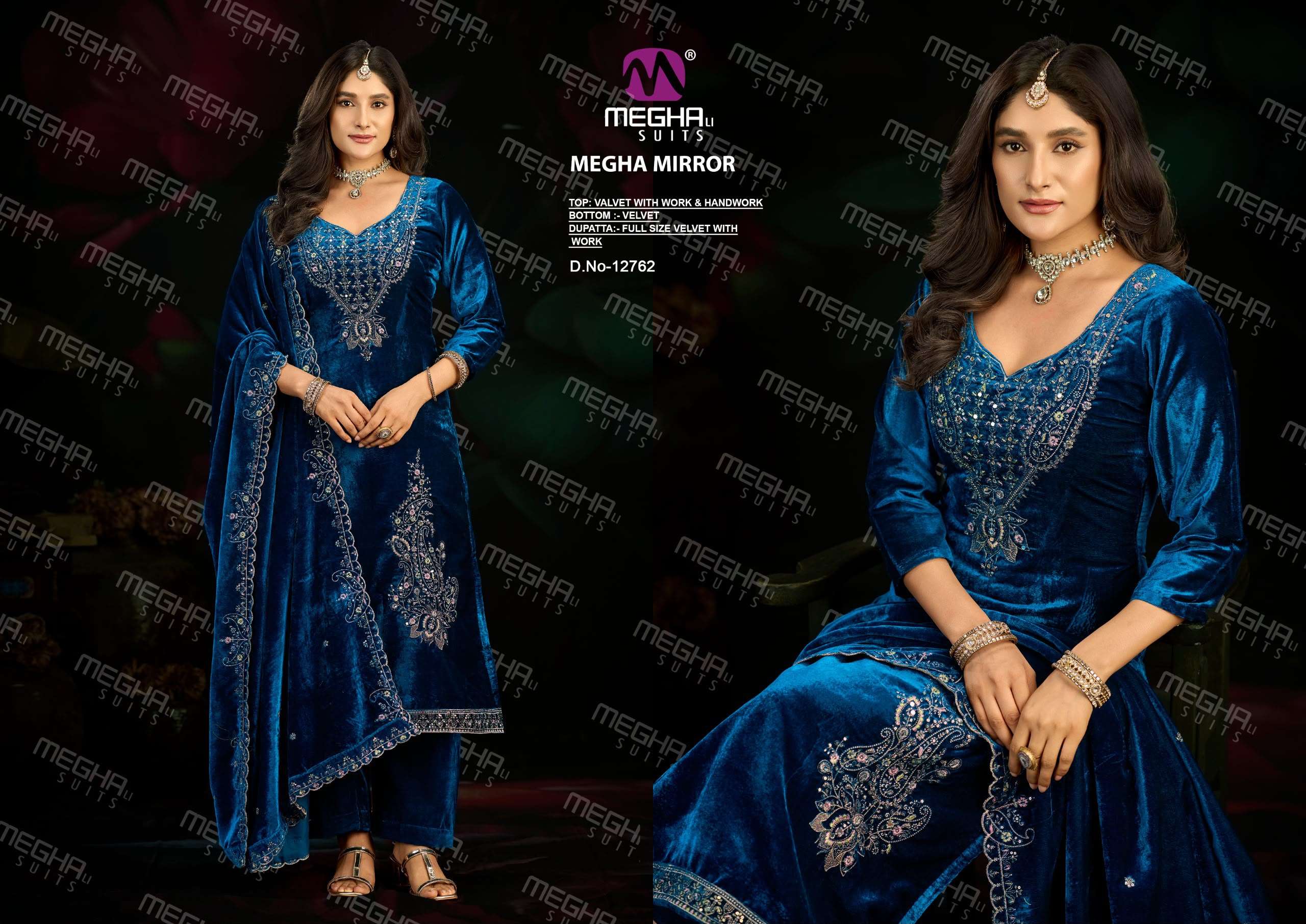 MEGHA SUITS MIRROR VELVET HEAVY DESIGNER WORKED SUIT