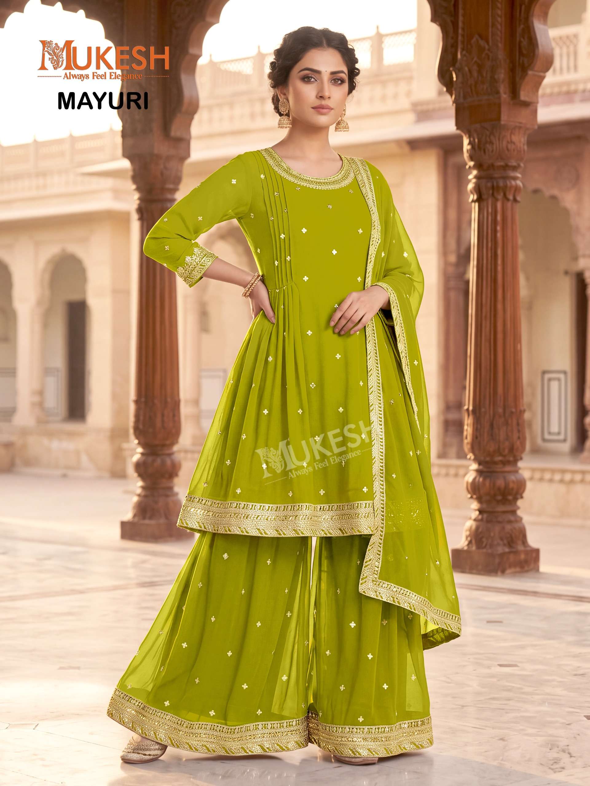 MUKESH MAYURI GEORGETTE DESIGNER FESTIVE WEAR LADIES KURTI PLAZZO AND DUPATTA SET 