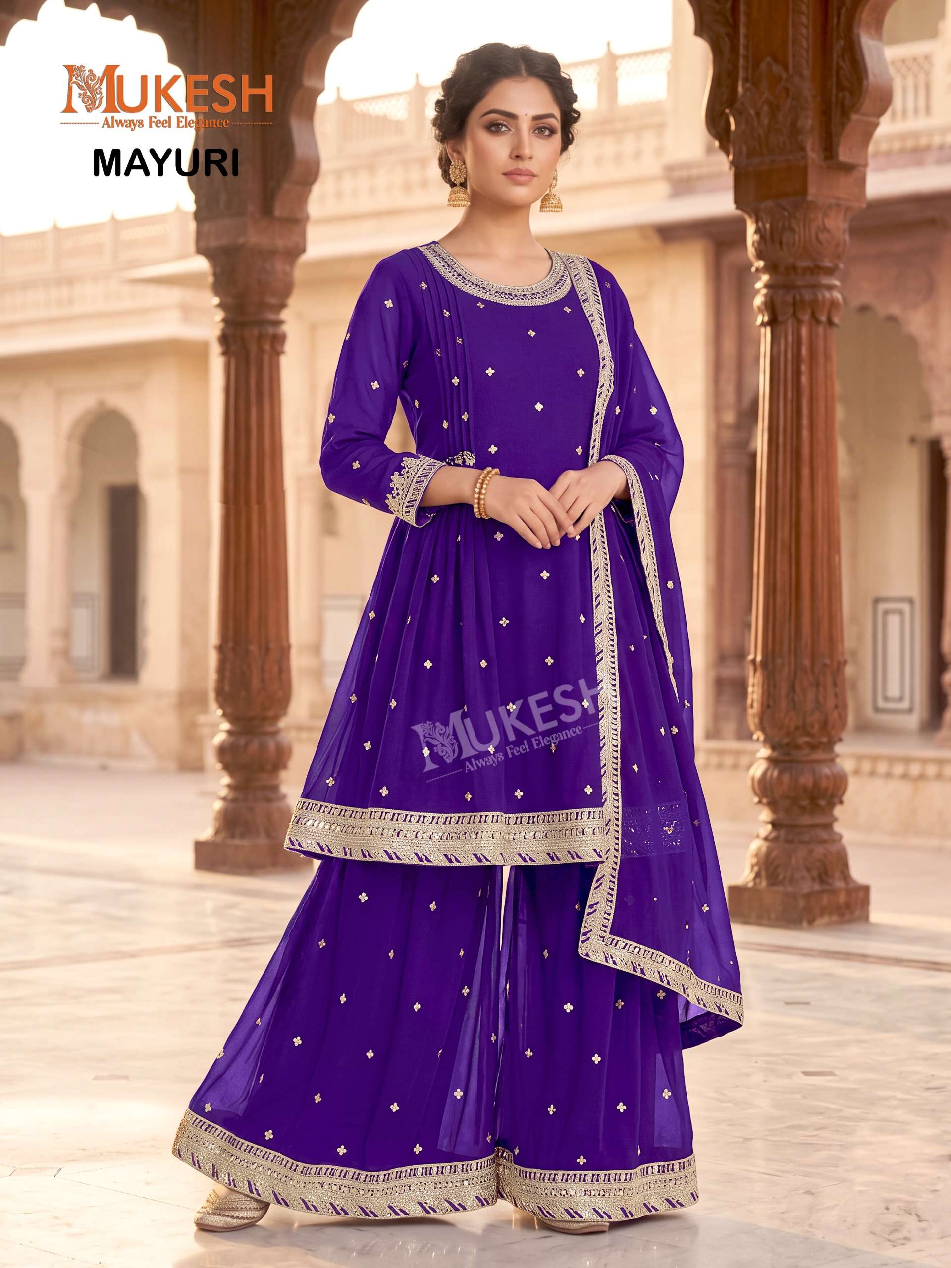 MUKESH MAYURI GEORGETTE DESIGNER FESTIVE WEAR LADIES KURTI PLAZZO AND DUPATTA SET 