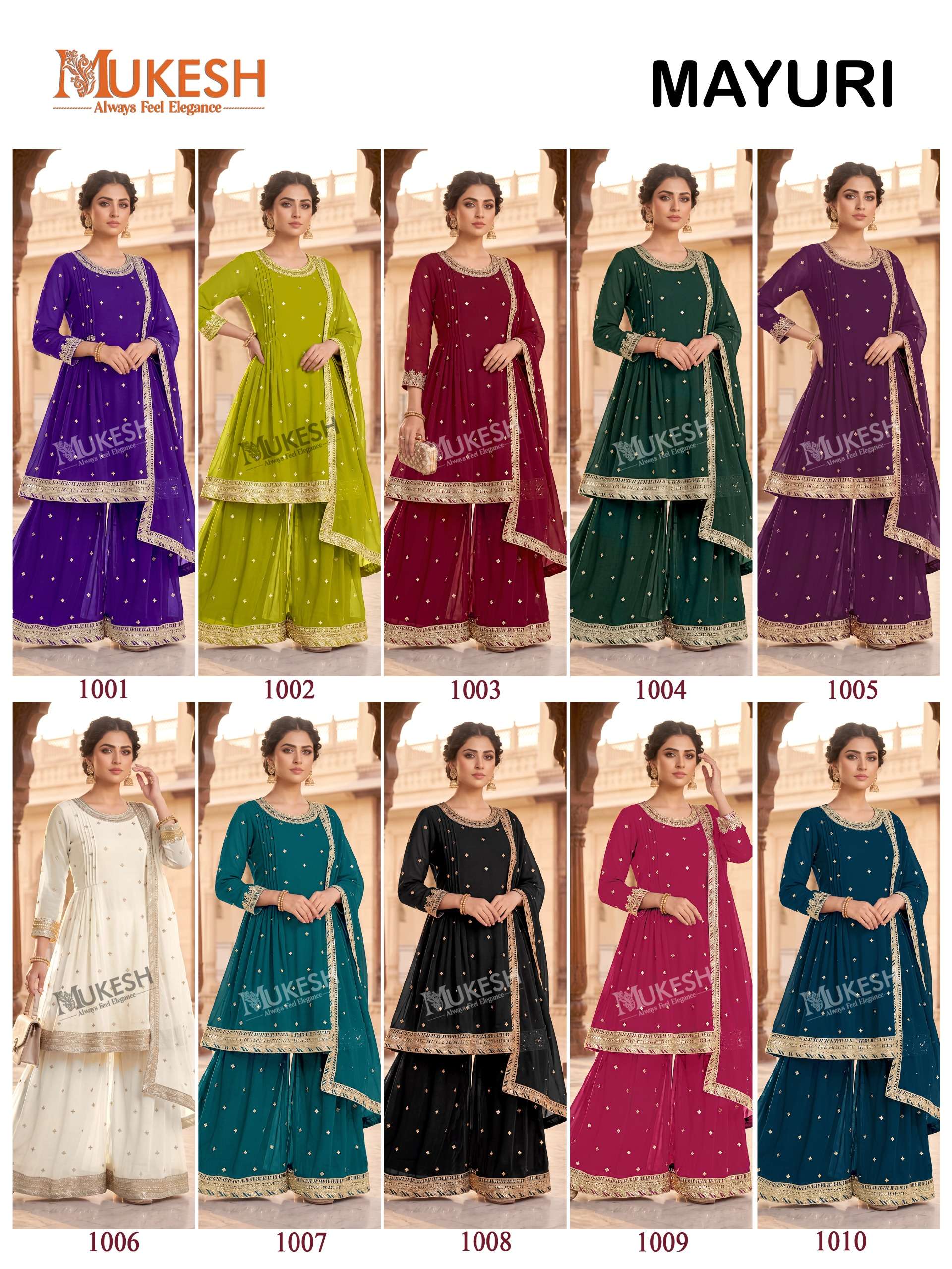 MUKESH MAYURI GEORGETTE DESIGNER FESTIVE WEAR LADIES KURTI PLAZZO AND DUPATTA SET 
