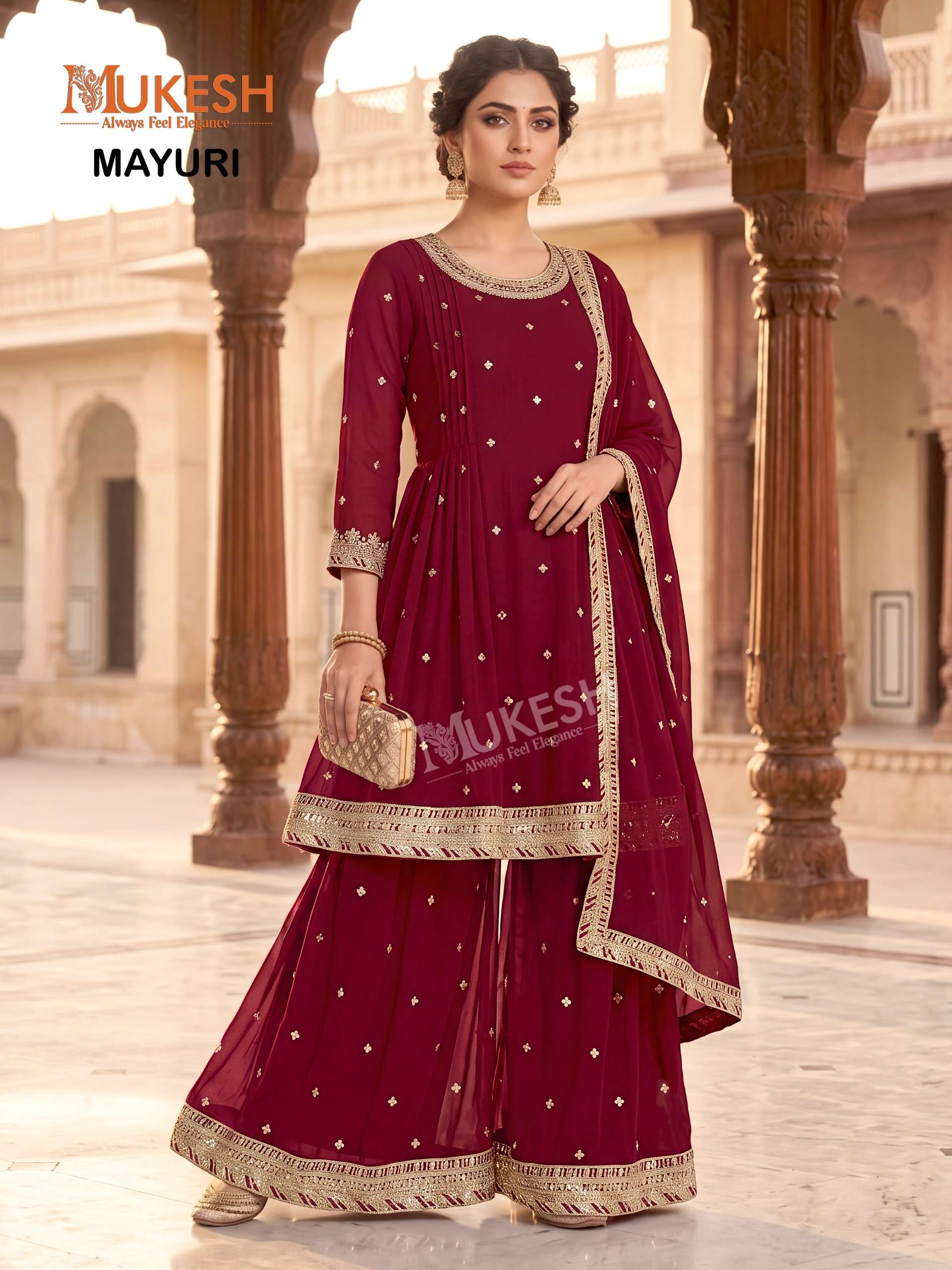 MUKESH MAYURI GEORGETTE DESIGNER FESTIVE WEAR LADIES KURTI PLAZZO AND DUPATTA SET 