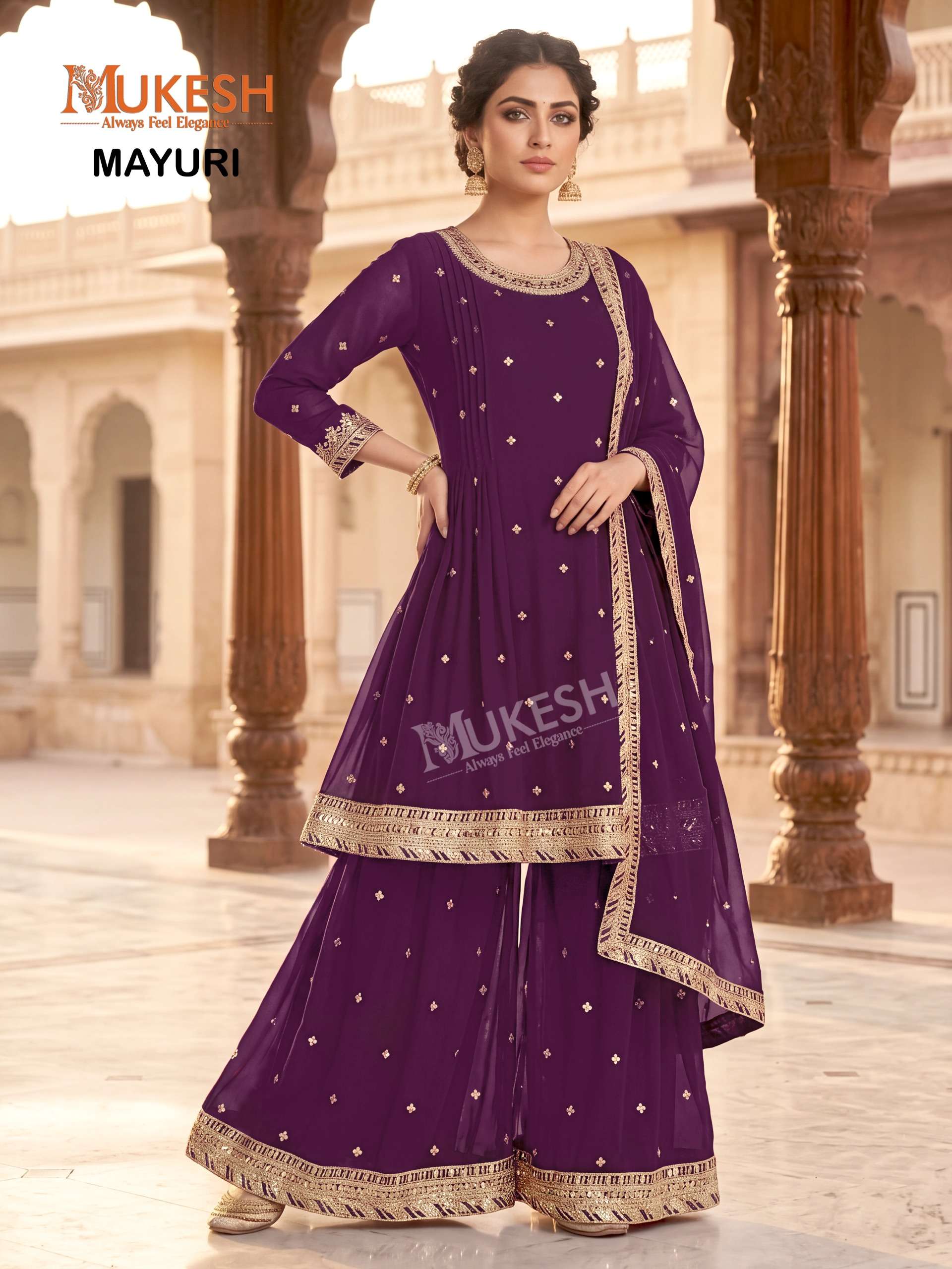MUKESH MAYURI GEORGETTE DESIGNER FESTIVE WEAR LADIES KURTI PLAZZO AND DUPATTA SET 
