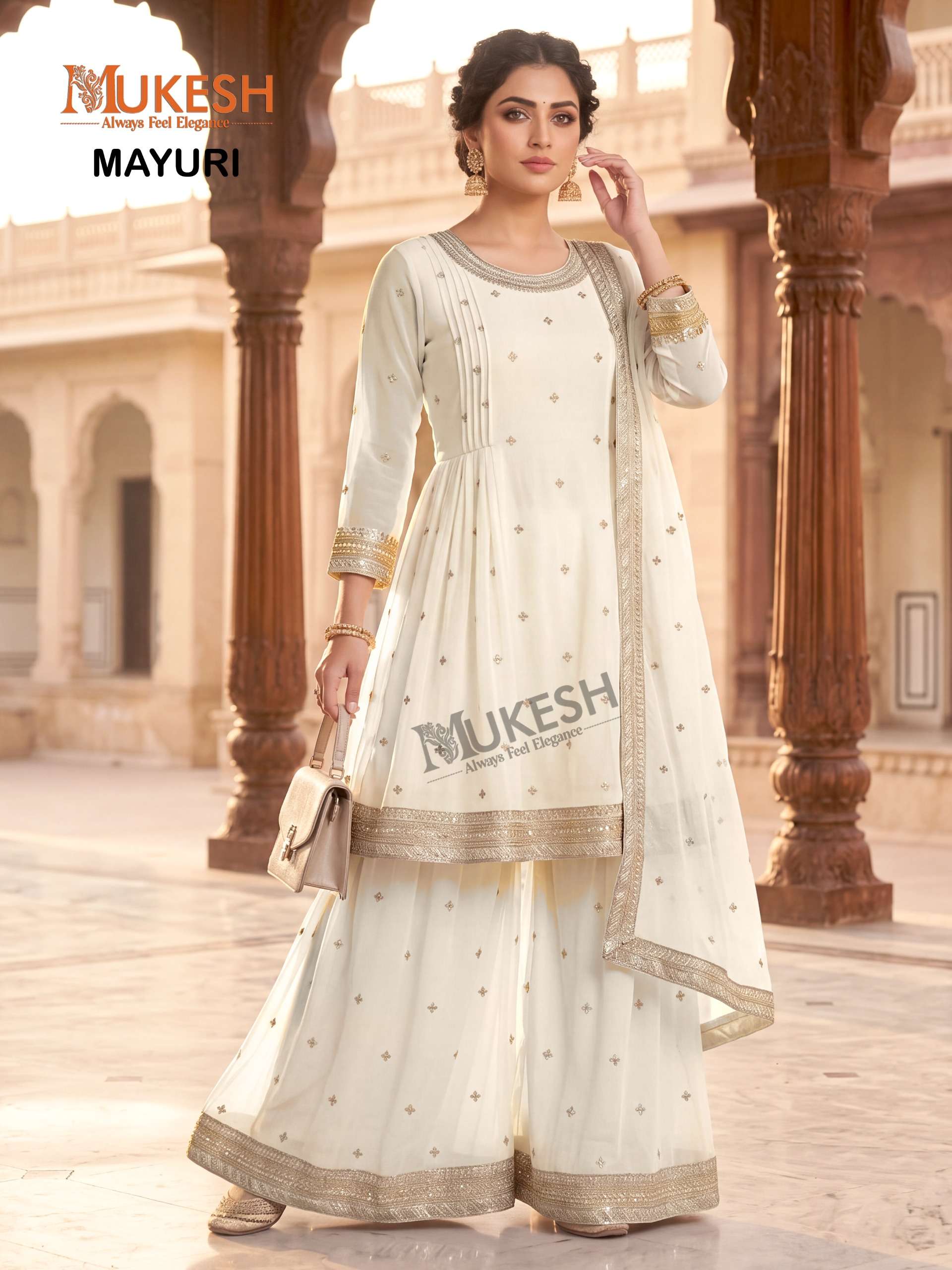 MUKESH MAYURI GEORGETTE DESIGNER FESTIVE WEAR LADIES KURTI PLAZZO AND DUPATTA SET 