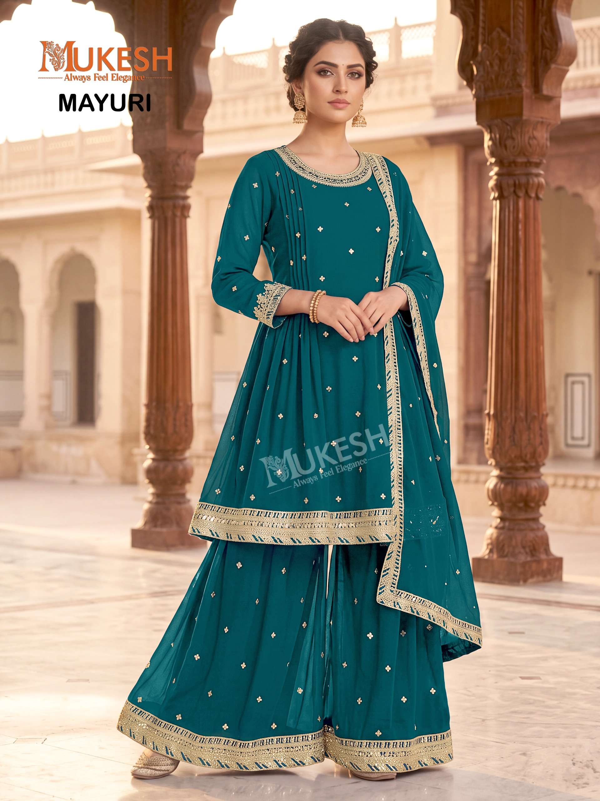 MUKESH MAYURI GEORGETTE DESIGNER FESTIVE WEAR LADIES KURTI PLAZZO AND DUPATTA SET 