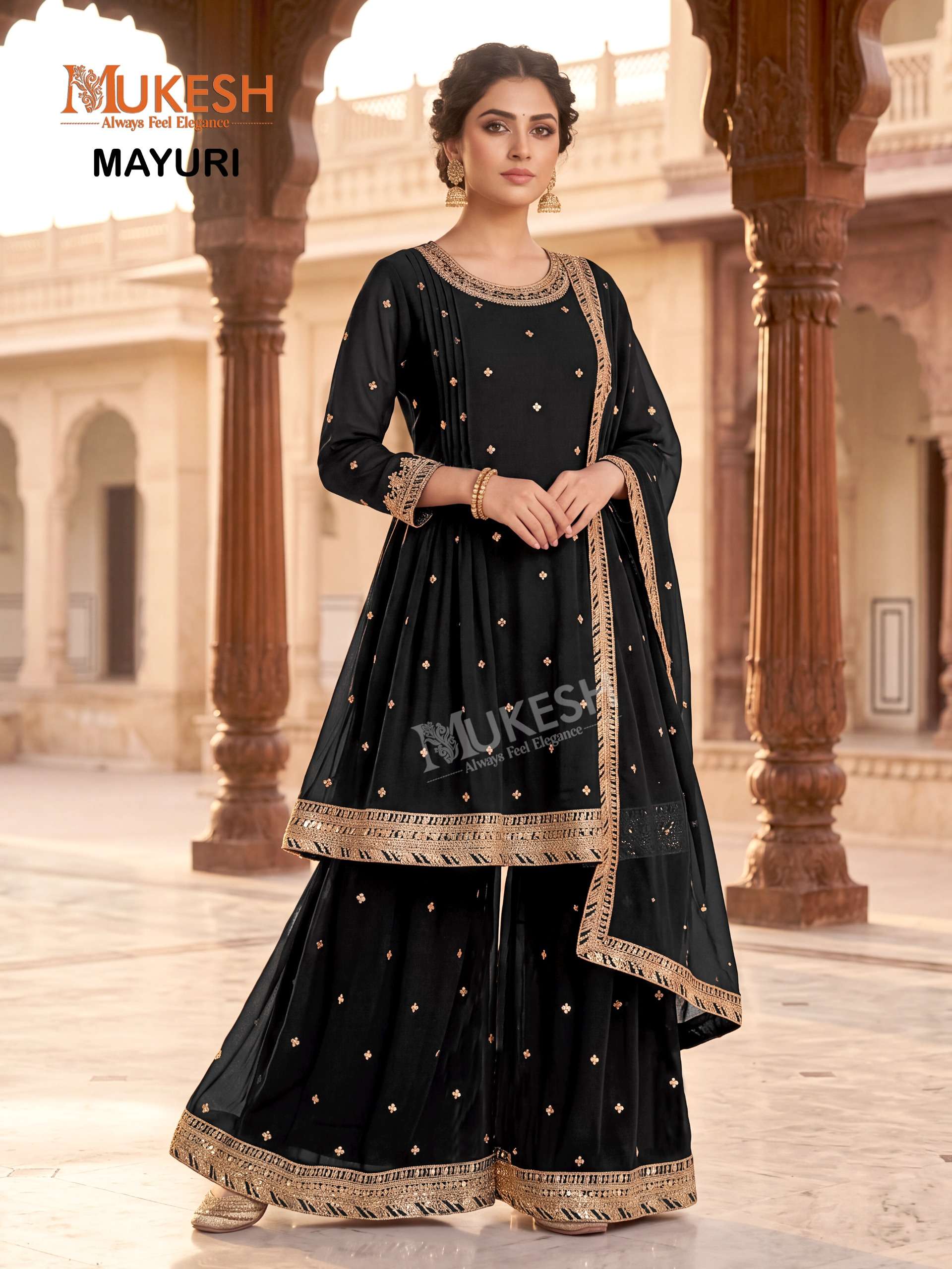 MUKESH MAYURI GEORGETTE DESIGNER FESTIVE WEAR LADIES KURTI PLAZZO AND DUPATTA SET 